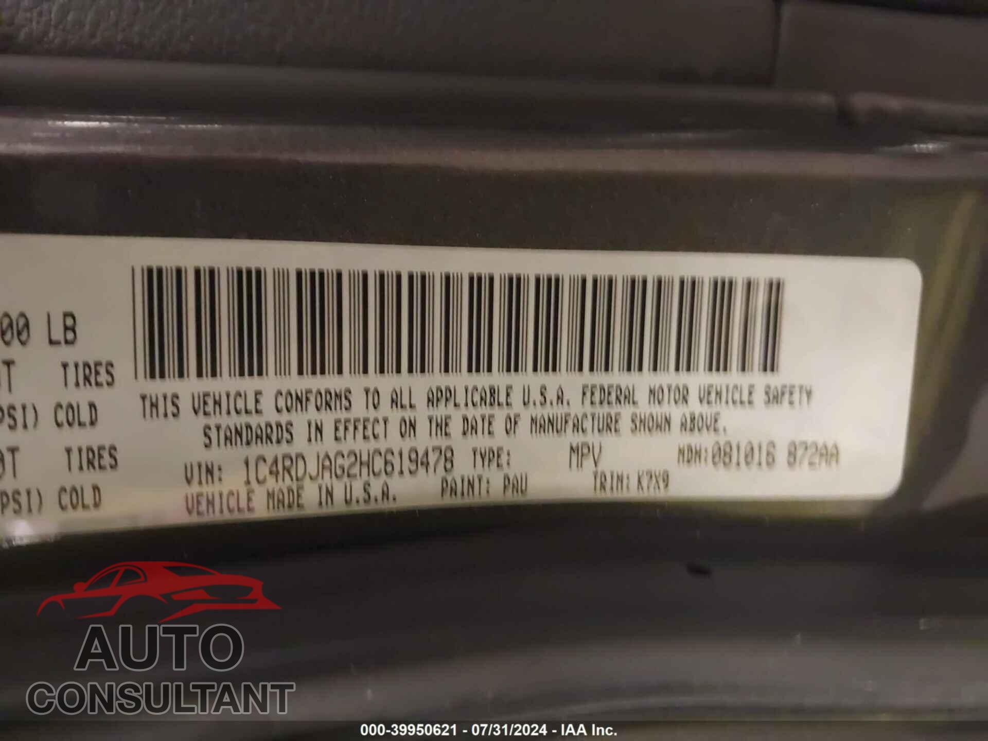 DODGE DURANGO 2017 - 1C4RDJAG2HC619478