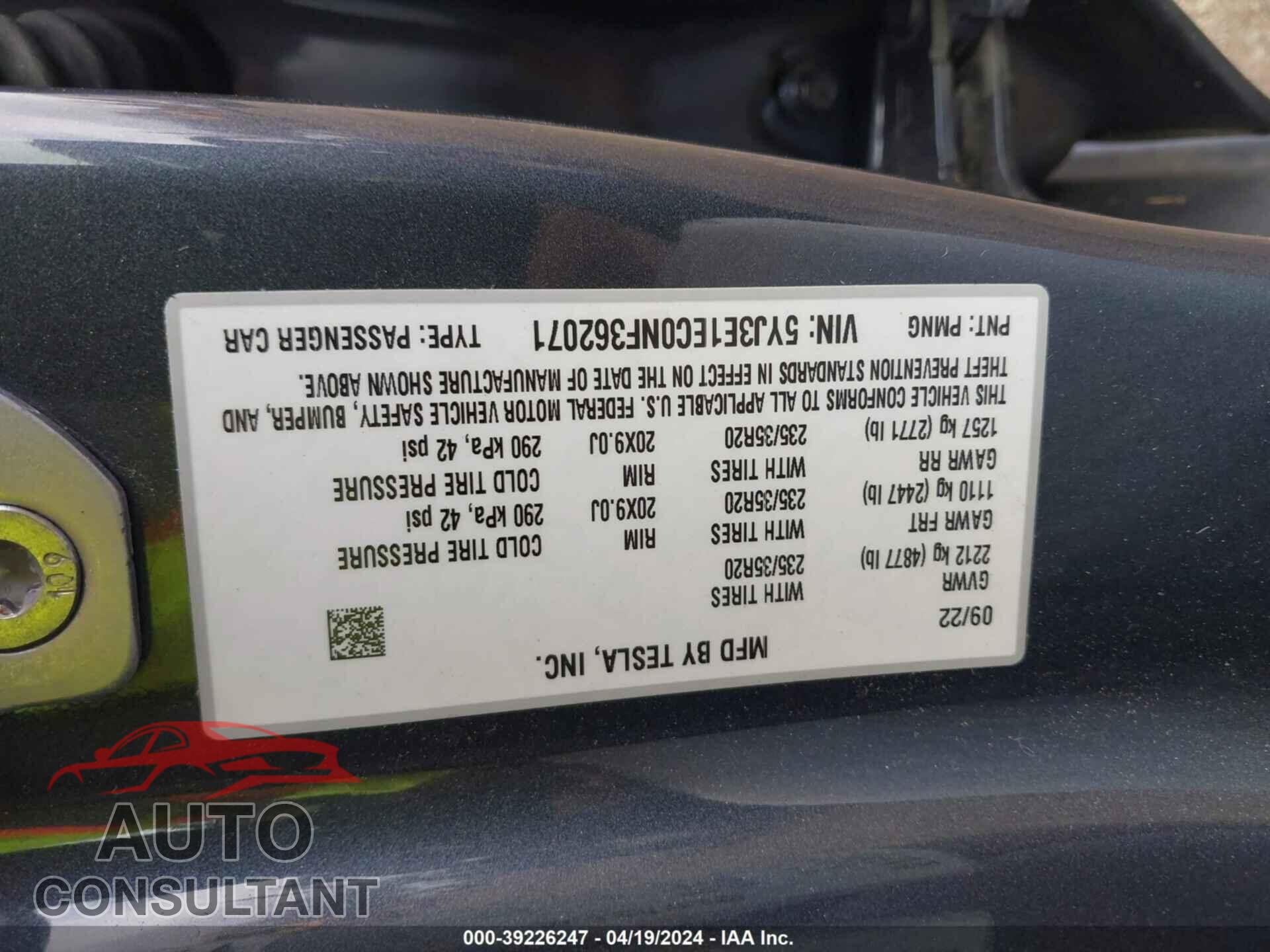 TESLA MODEL 3 2022 - 5YJ3E1EC0NF362071