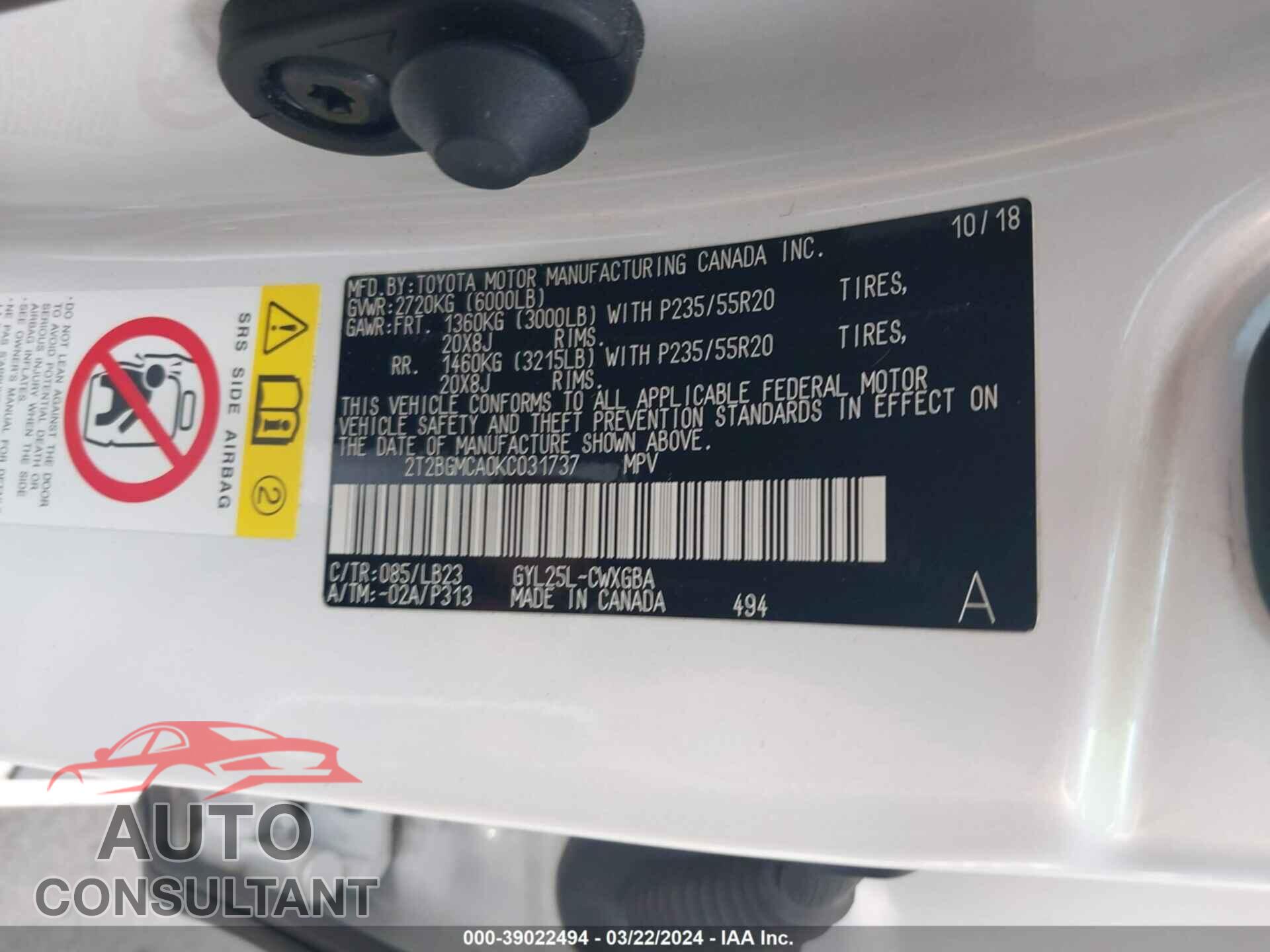 LEXUS RX 2019 - 2T2BGMCA0KC031737