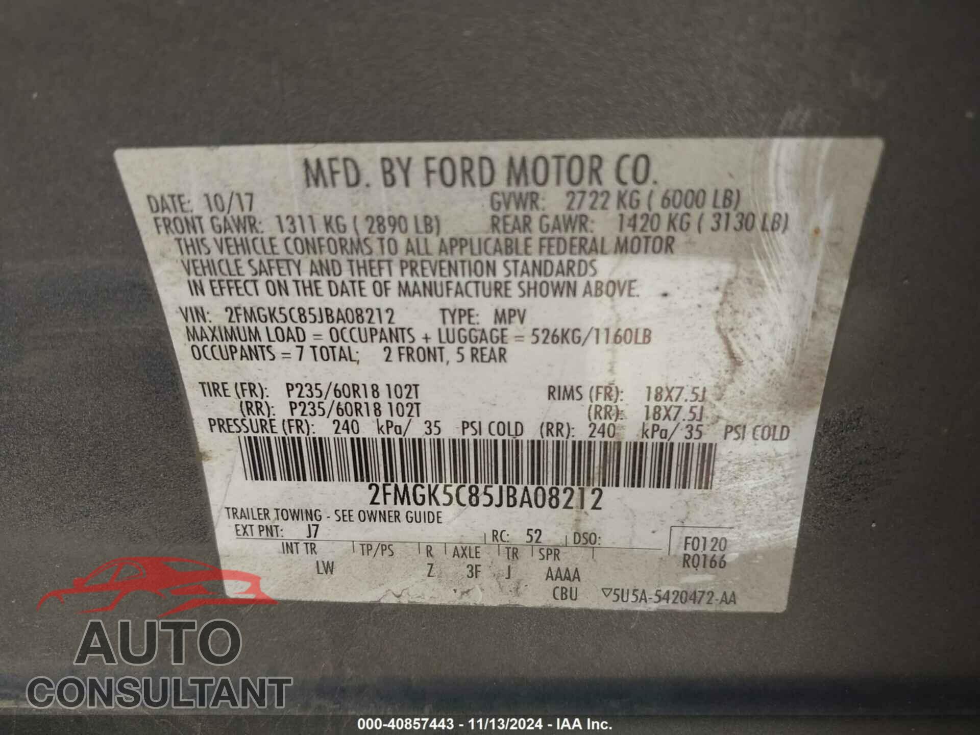 FORD FLEX 2018 - 2FMGK5C85JBA08212