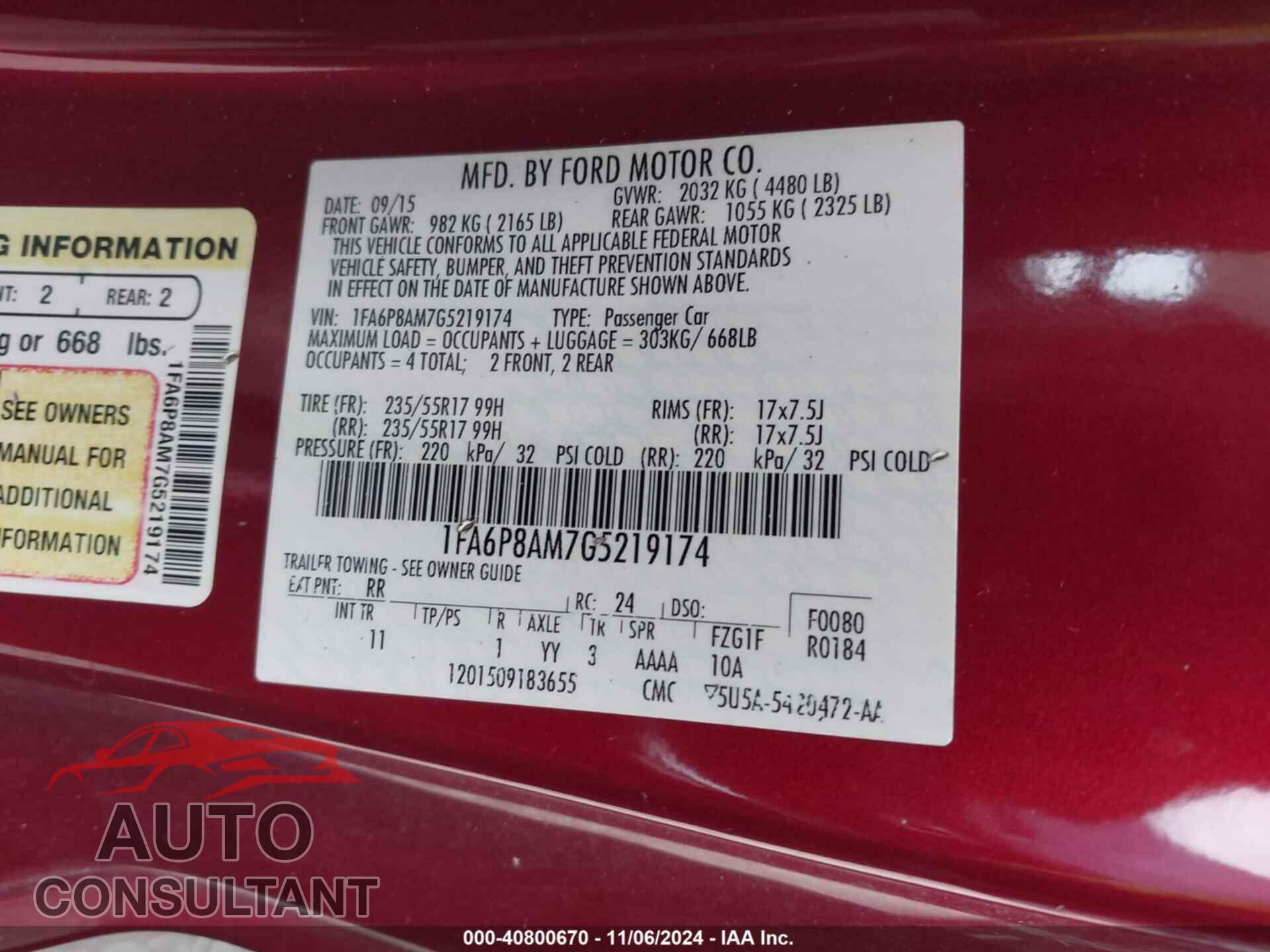 FORD MUSTANG 2016 - 1FA6P8AM7G5219174