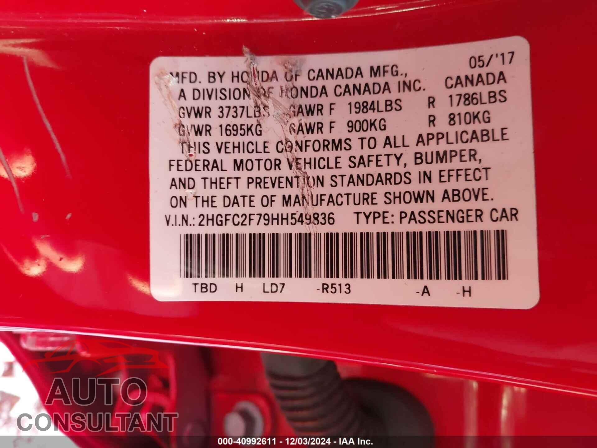 HONDA CIVIC 2017 - 2HGFC2F79HH549836