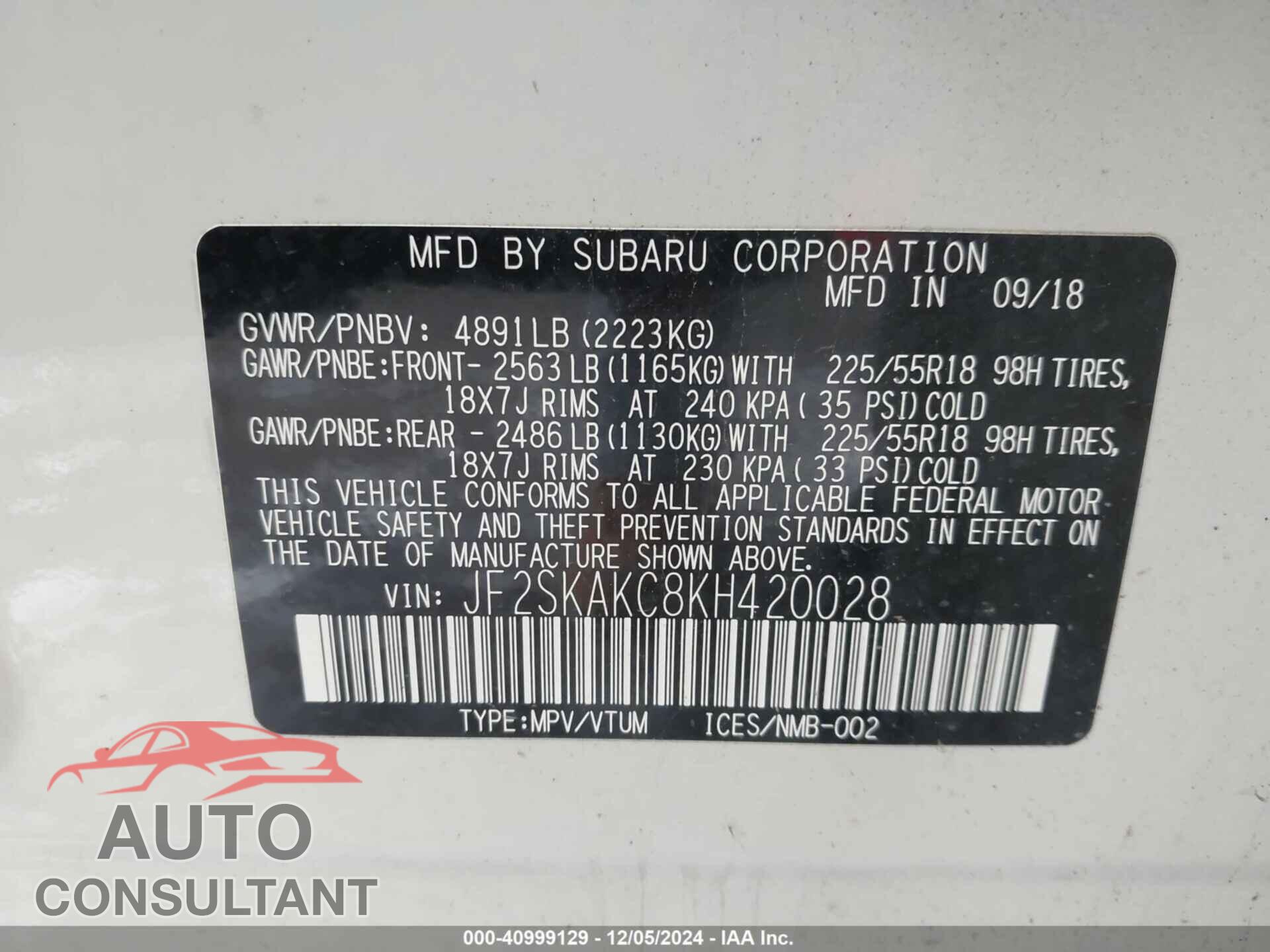 SUBARU FORESTER 2019 - JF2SKAKC8KH420028