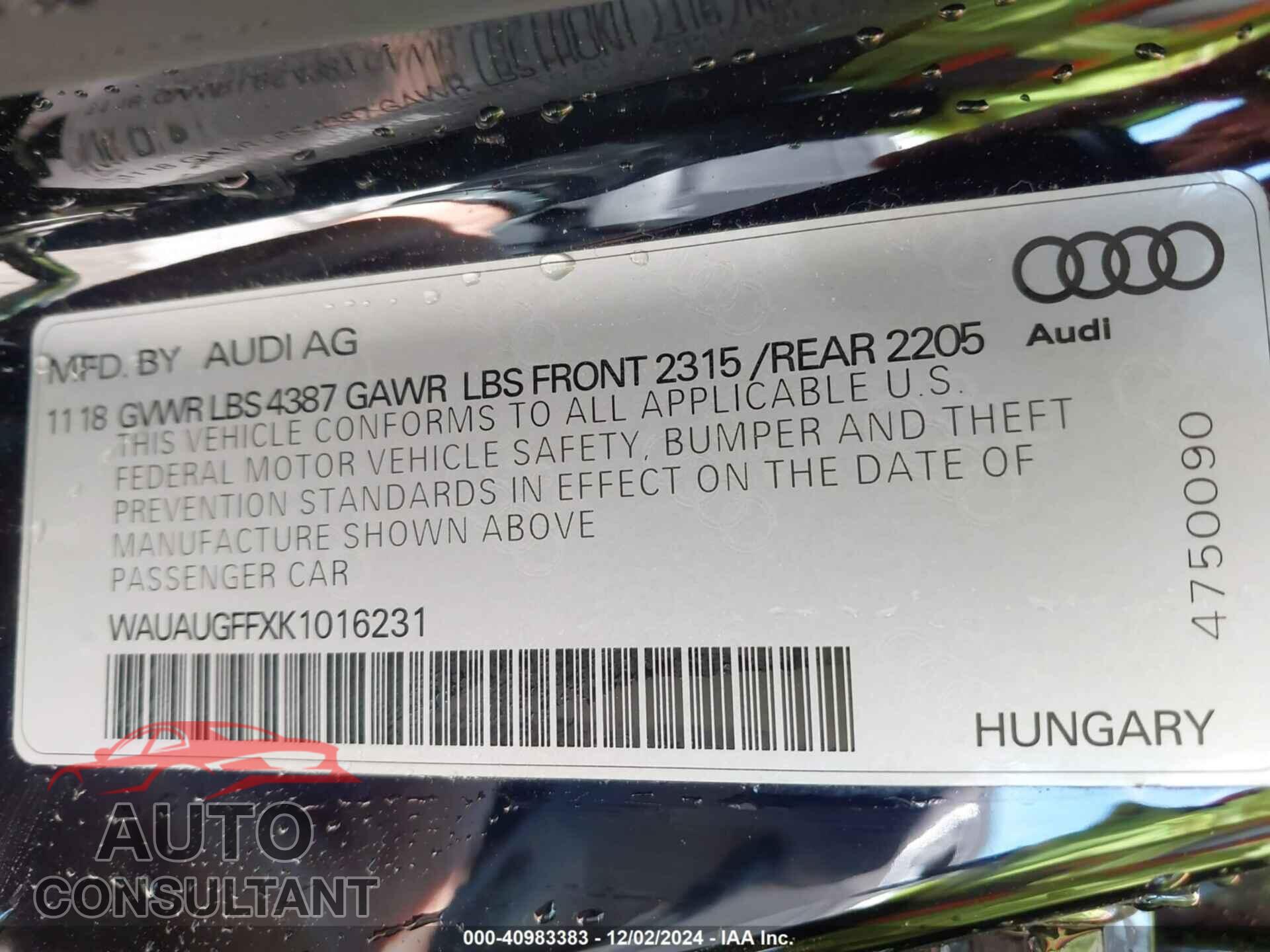 AUDI A3 2019 - WAUAUGFFXK1016231