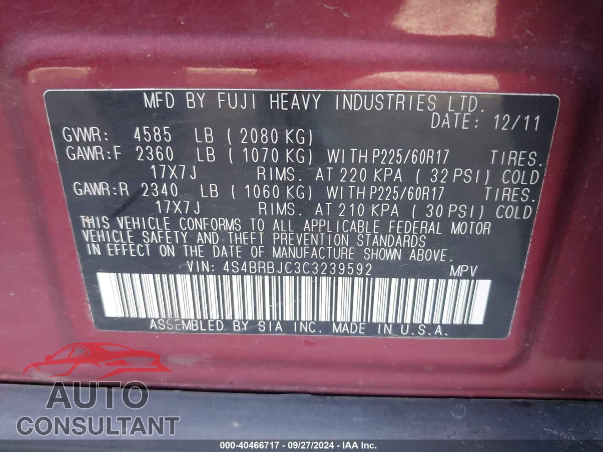 SUBARU OUTBACK 2012 - 4S4BRBJC3C3239592