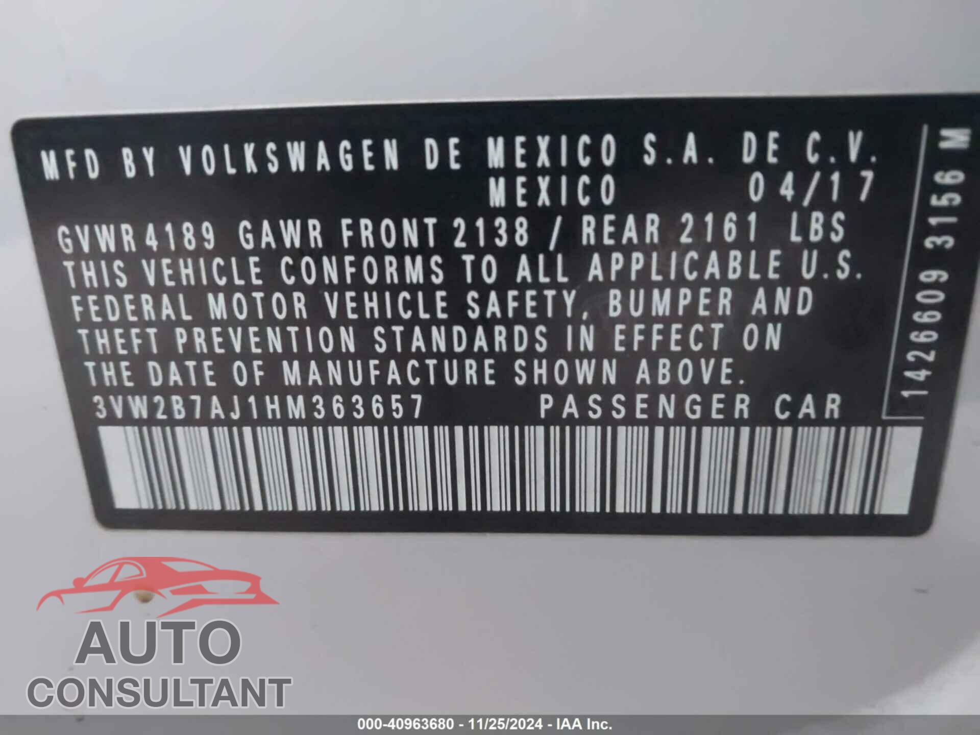 VOLKSWAGEN JETTA 2017 - 3VW2B7AJ1HM363657