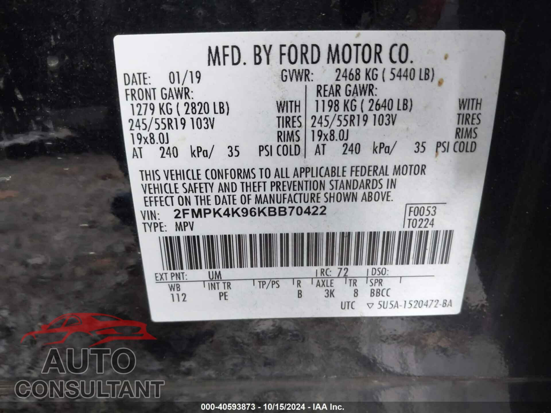 FORD EDGE 2019 - 2FMPK4K96KBB70422