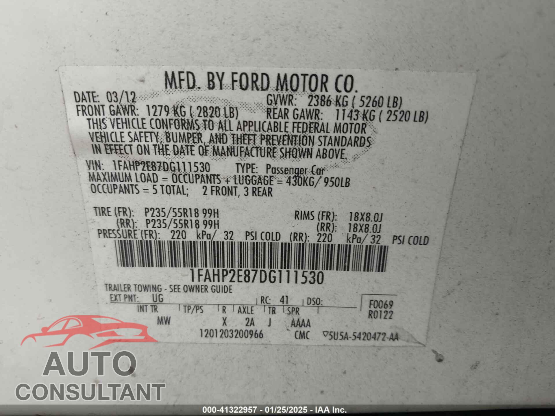 FORD TAURUS 2013 - 1FAHP2E87DG111530