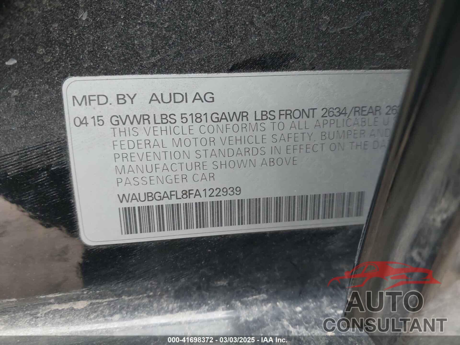 AUDI S4 2015 - WAUBGAFL8FA122939