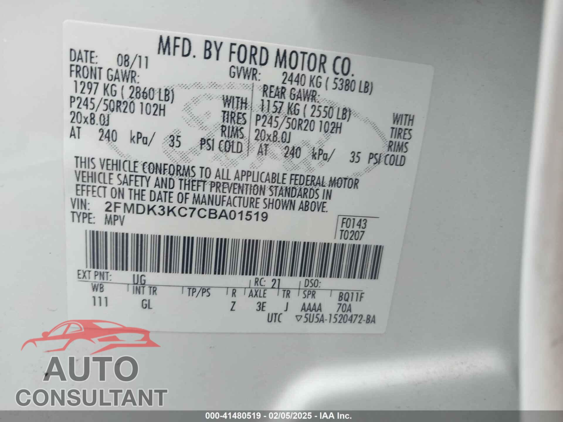 FORD EDGE 2012 - 2FMDK3KC7CBA01519