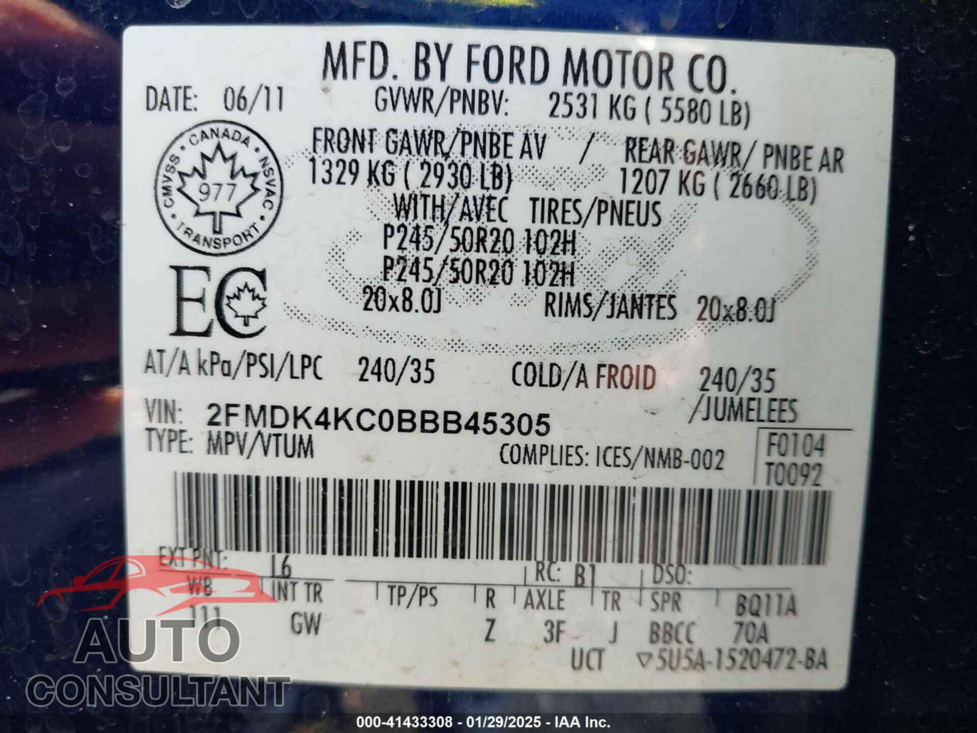 FORD EDGE 2011 - 2FMDK4KC0BBB45305