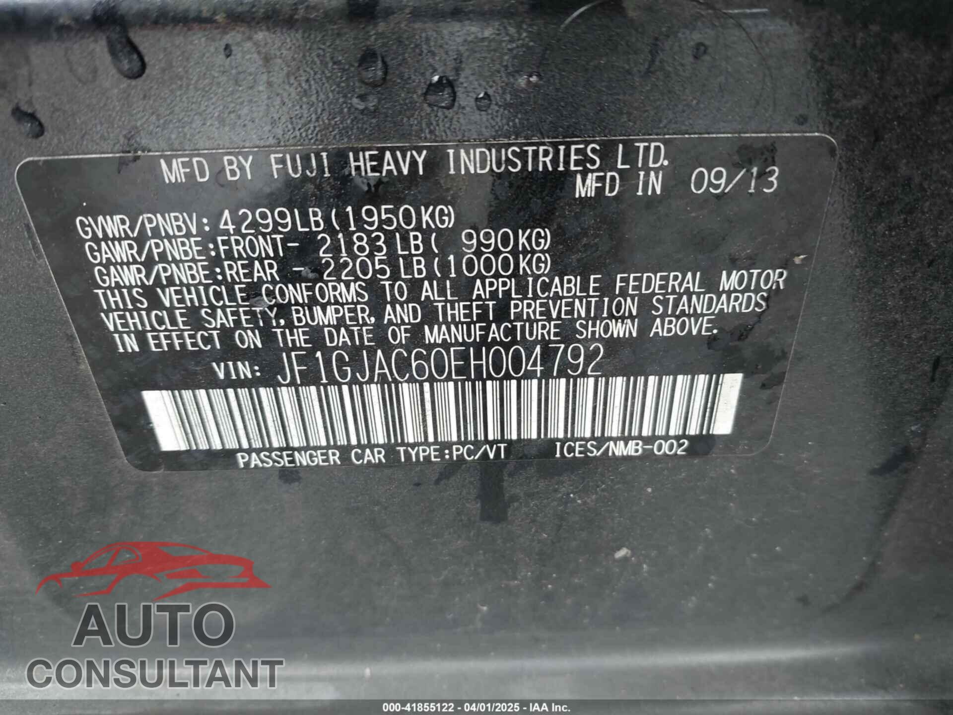 SUBARU IMPREZA 2014 - JF1GJAC60EH004792