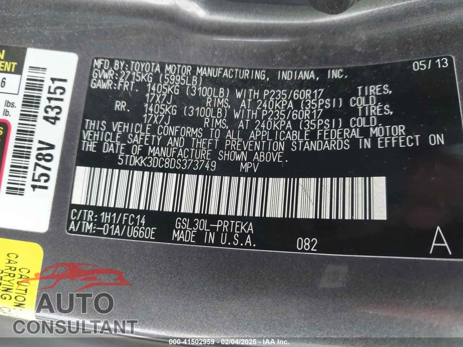 TOYOTA SIENNA 2013 - 5TDKK3DC8DS373749