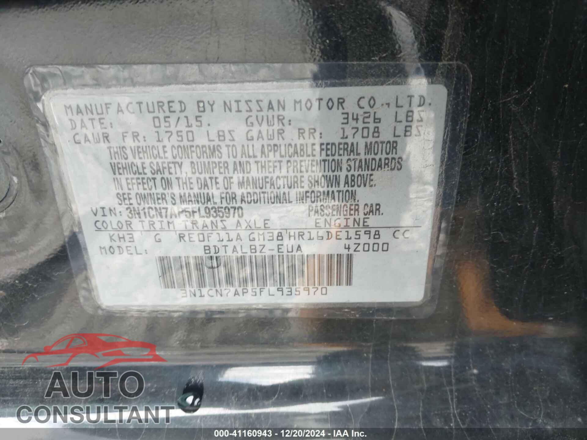 NISSAN VERSA 2015 - 3NICN7AP5FL935970