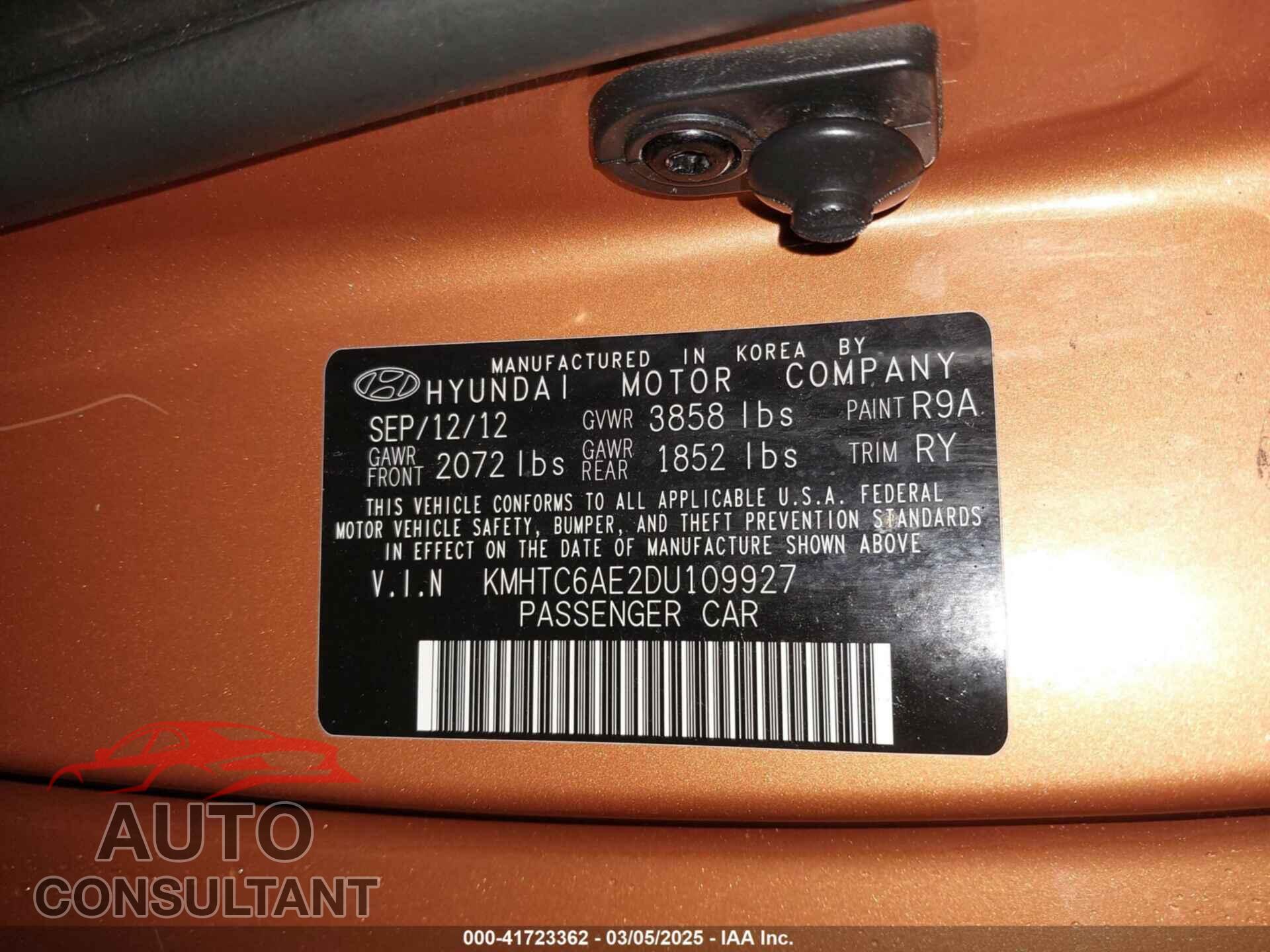HYUNDAI VELOSTER 2013 - KMHTC6AE2DU109927
