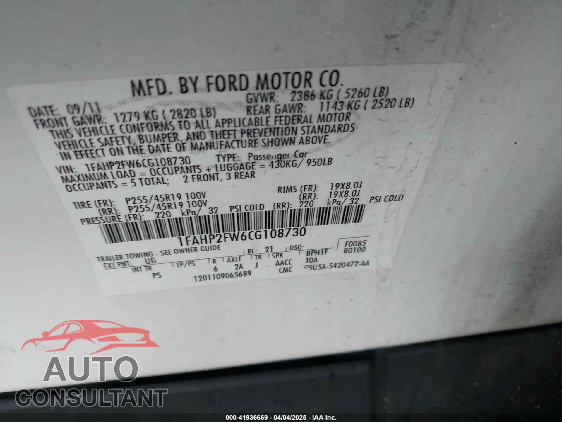 FORD TAURUS 2012 - 1FAHP2FW6CG108730