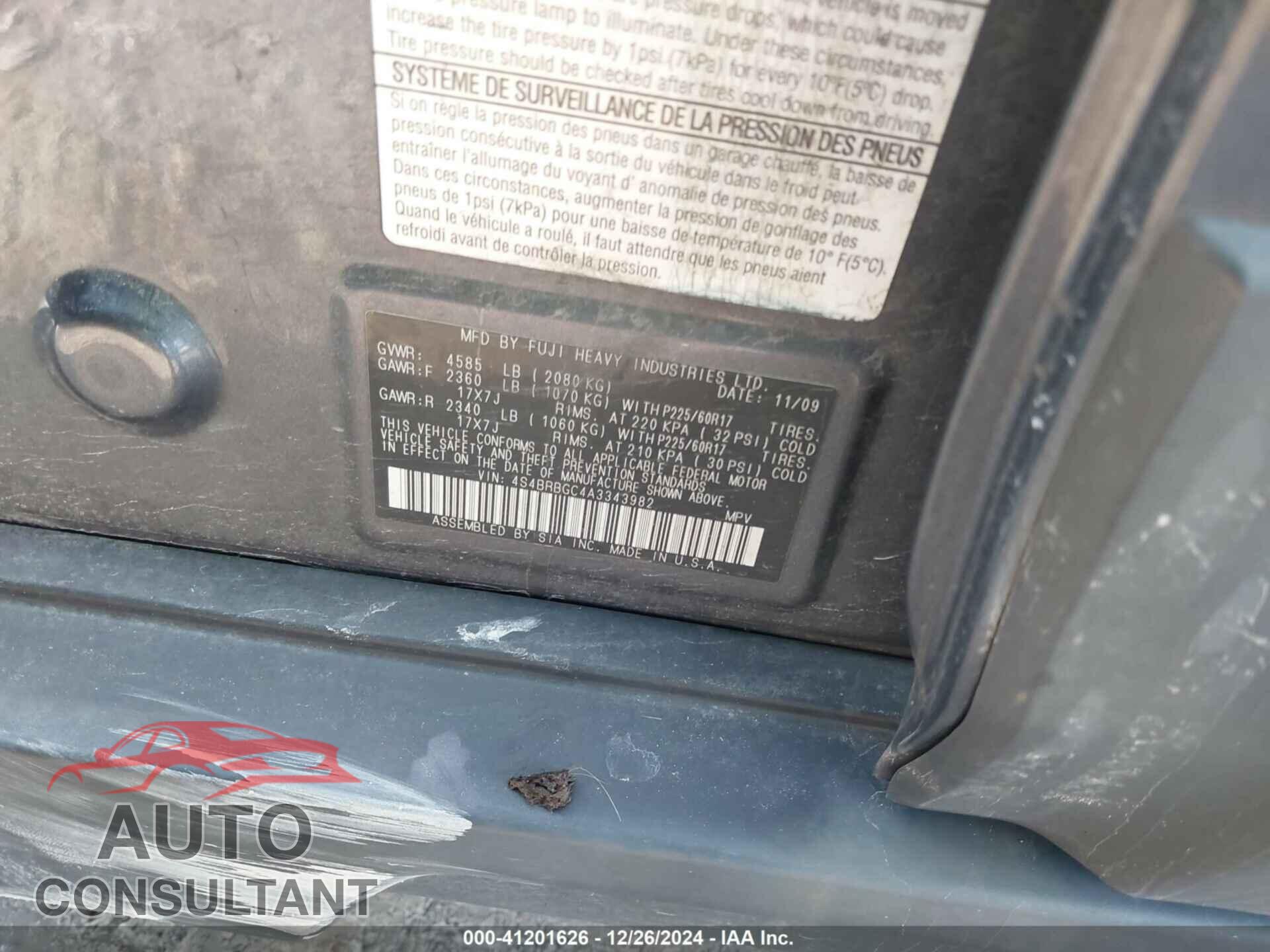 SUBARU OUTBACK 2010 - 4S4BRBGC4A3343982