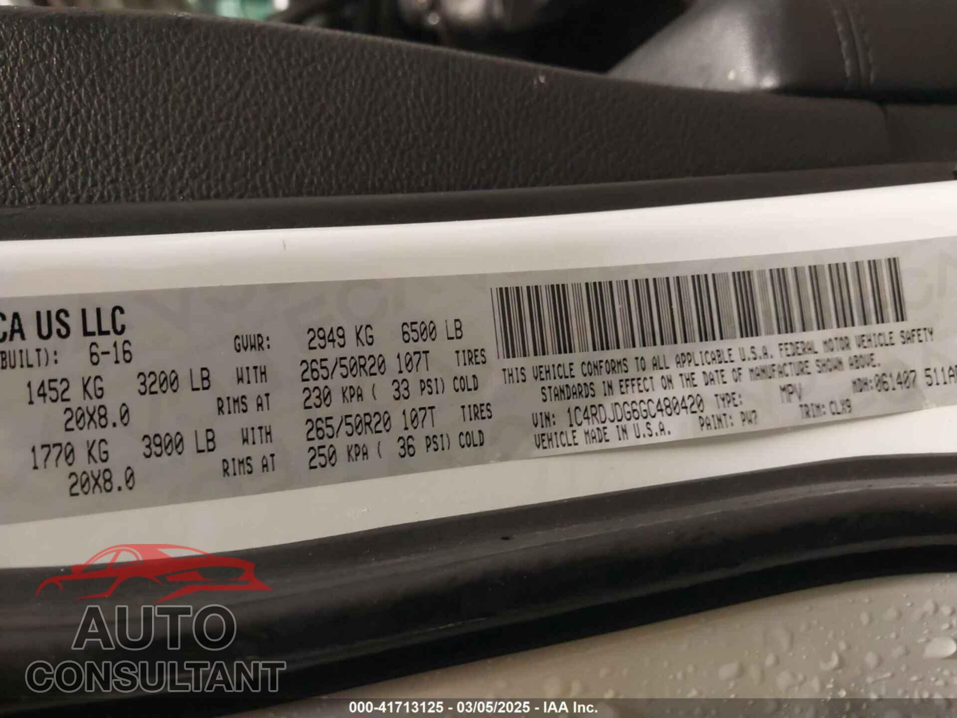 DODGE DURANGO 2016 - 1C4RDJDG6GC480420