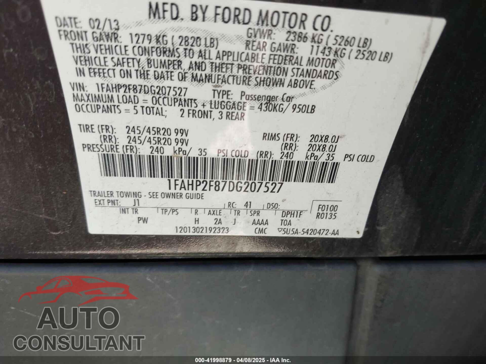 FORD TAURUS 2013 - 1FAHP2F87DG207527