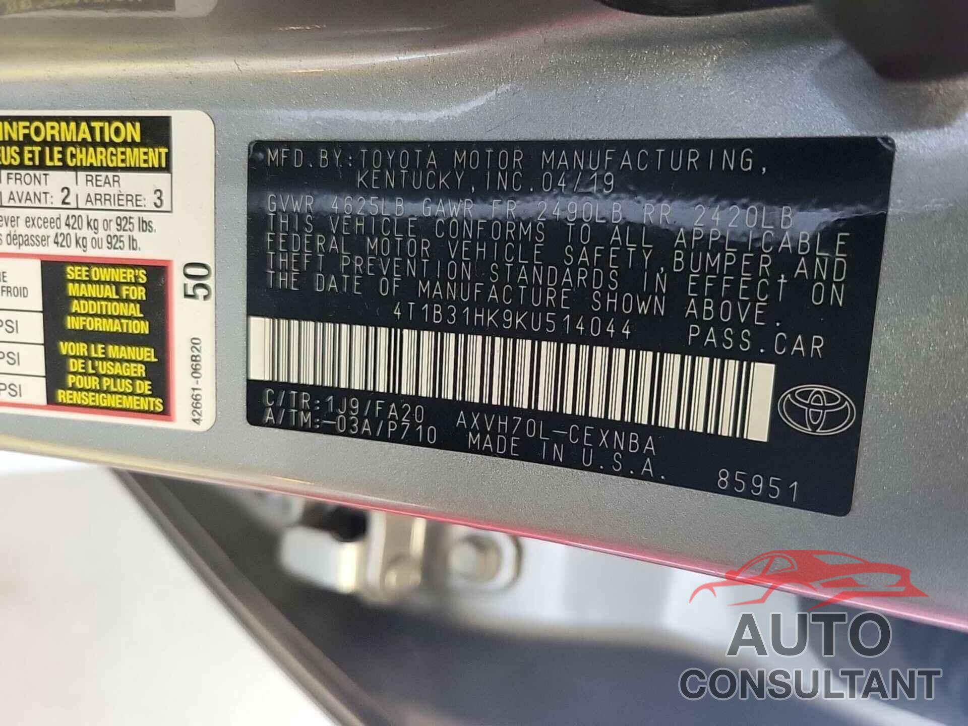 TOYOTA CAMRY 2019 - 4T1B31HK9KU514044