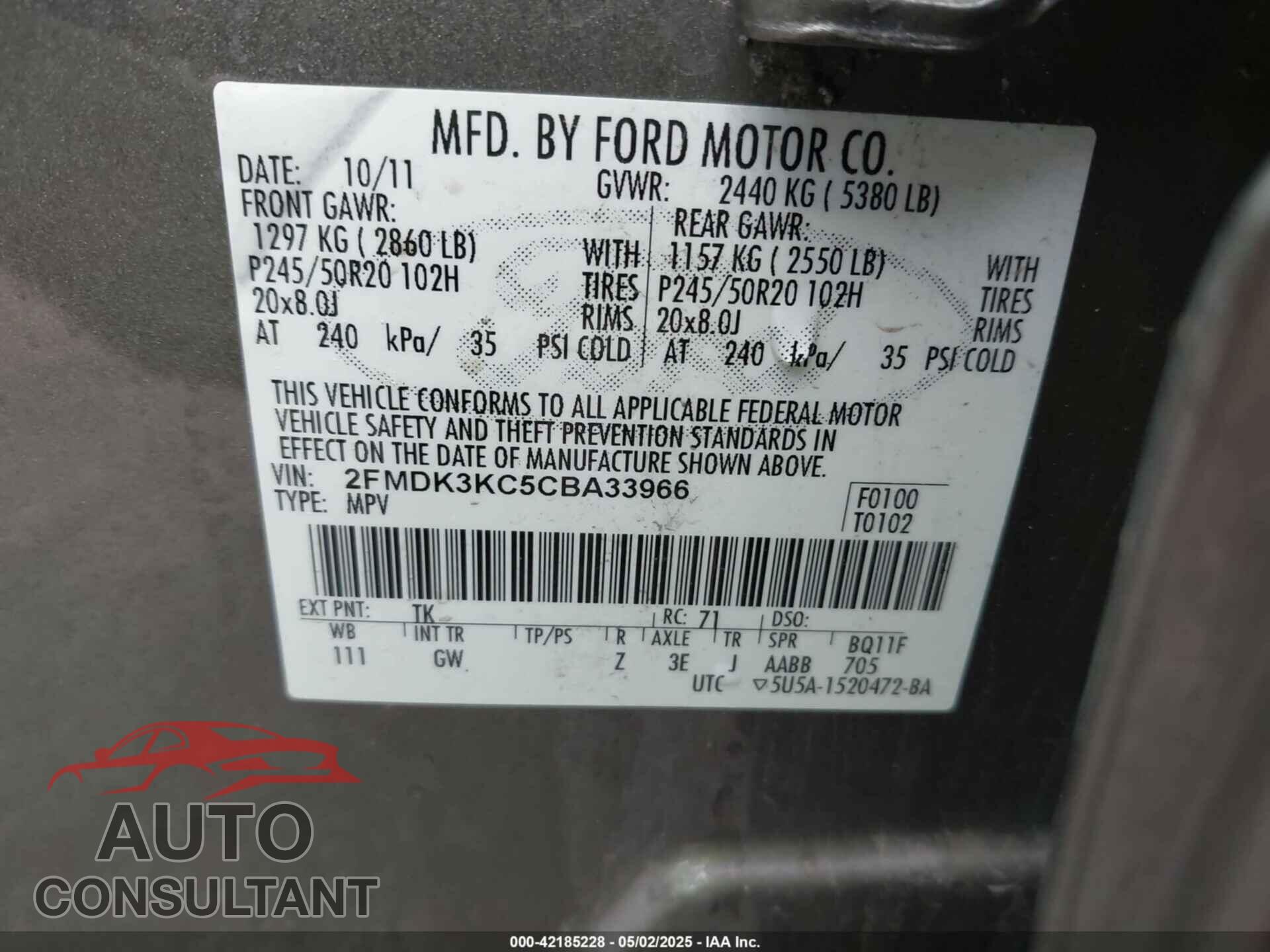 FORD EDGE 2012 - 2FMDK3KC5CBA33966