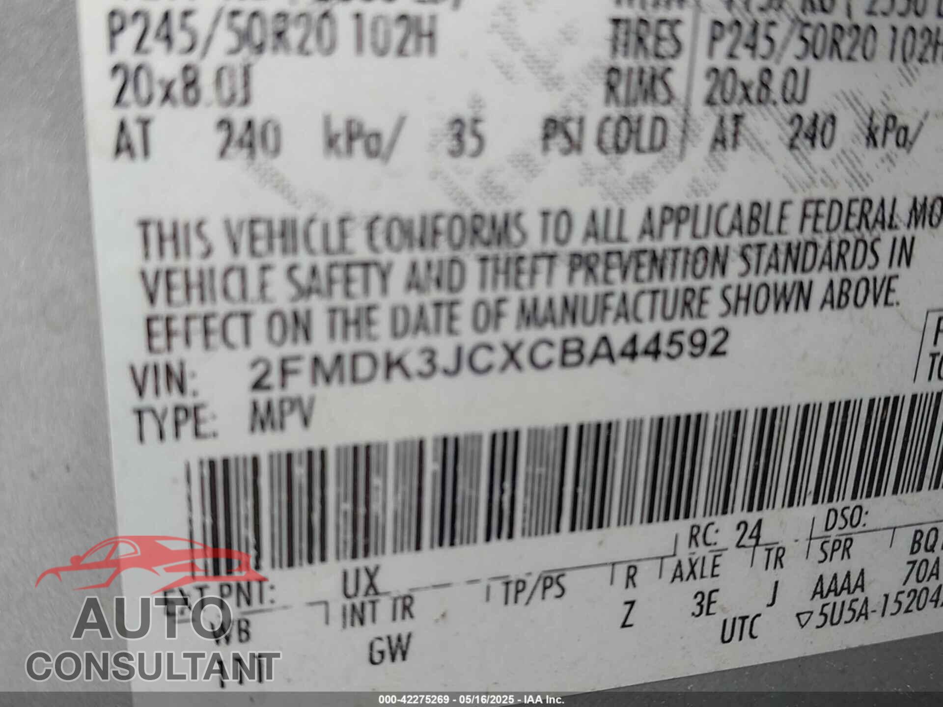FORD EDGE 2012 - 2FMDK3JCXCBA44592
