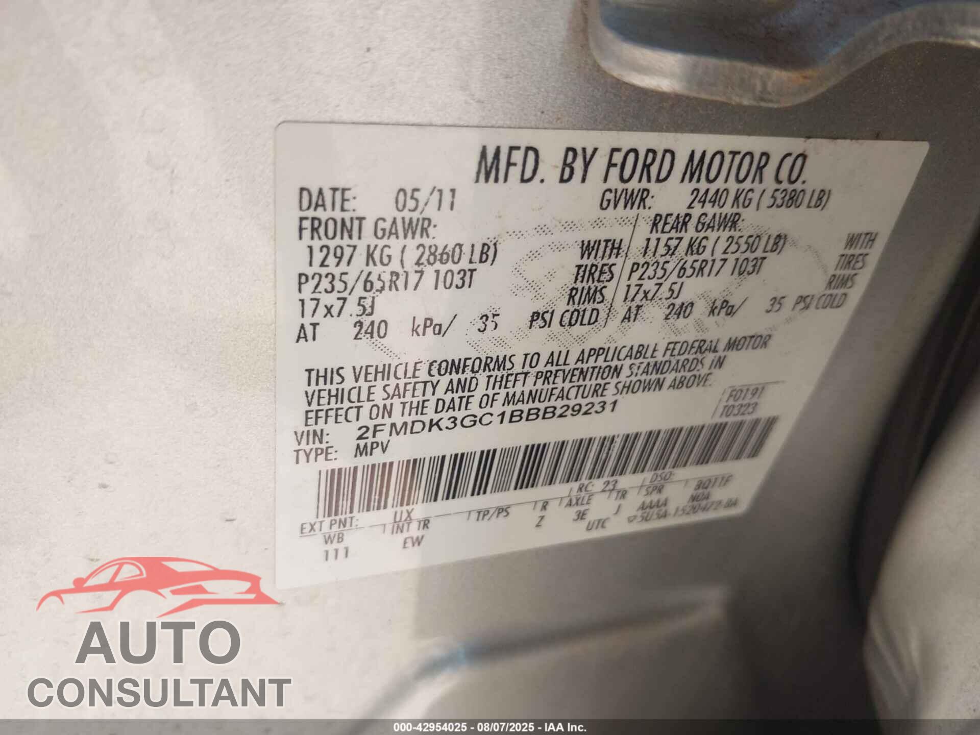 FORD EDGE 2011 - 2FMDK3GC1BBB29231
