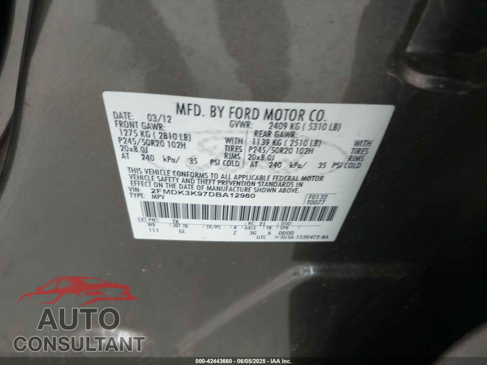 FORD EDGE 2013 - 2FMDK3K97DBA12980