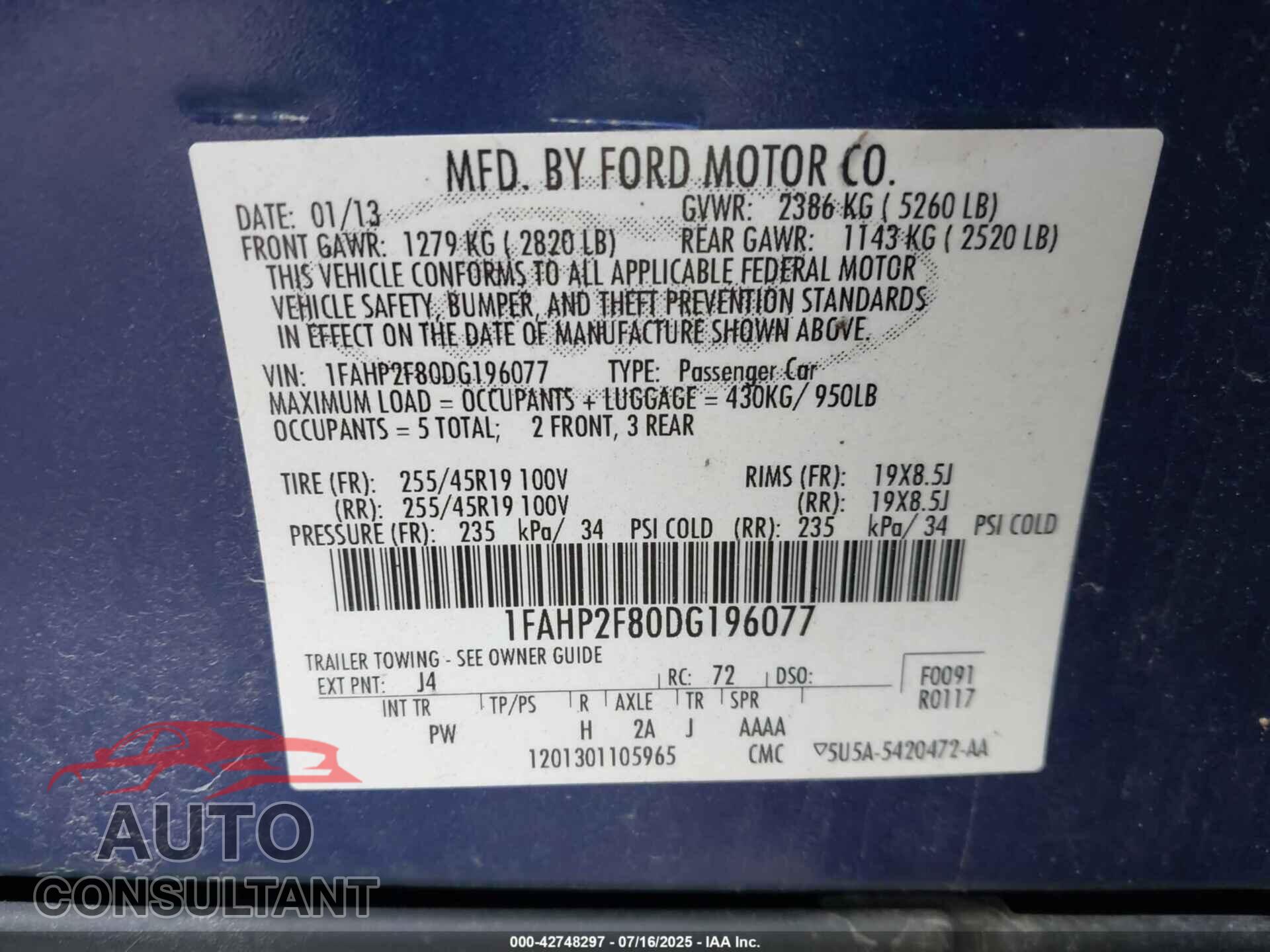 FORD TAURUS 2013 - 1FAHP2F80DG196077