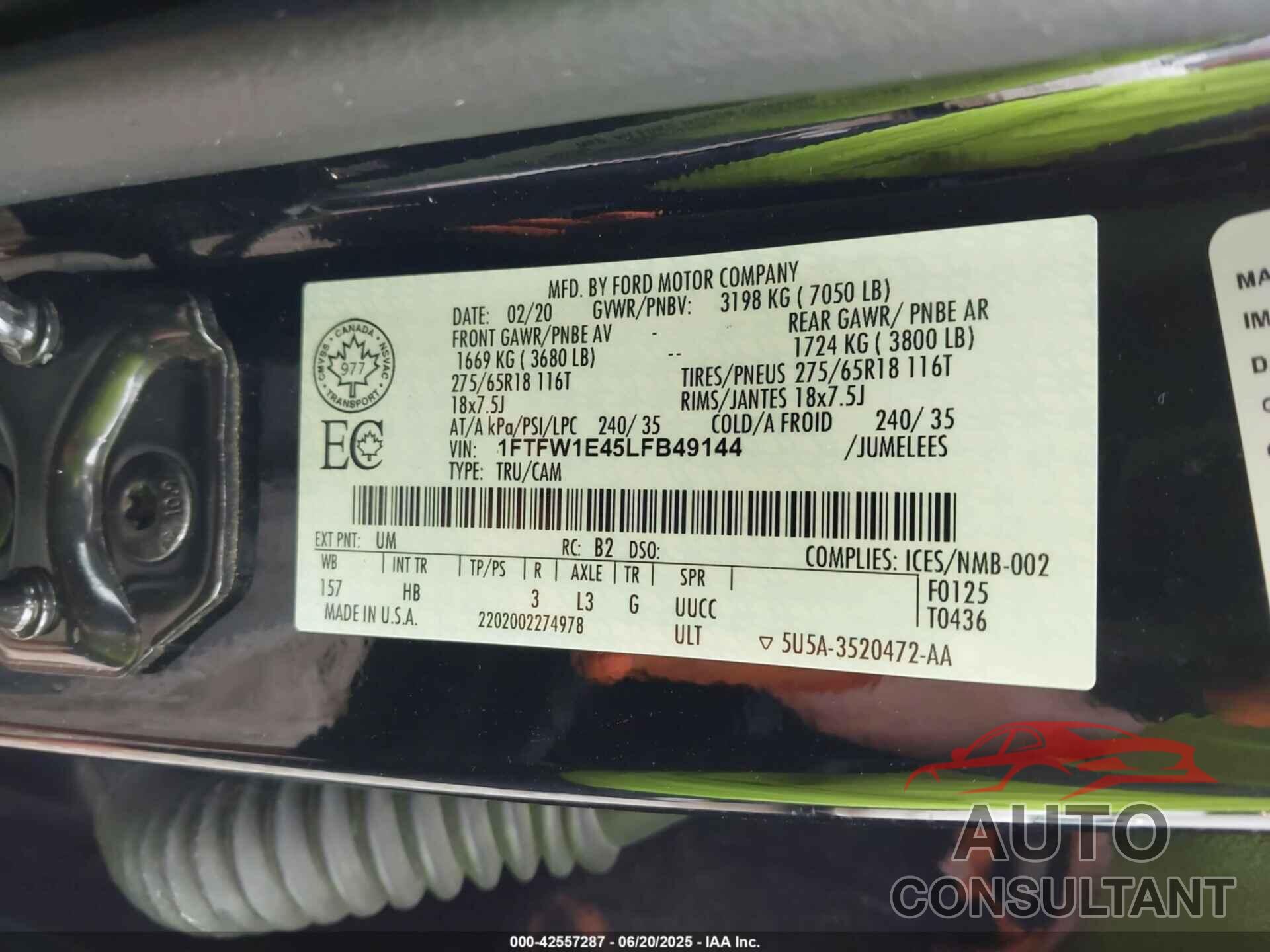 FORD F-150 2020 - 1FTFW1E45LFB49144