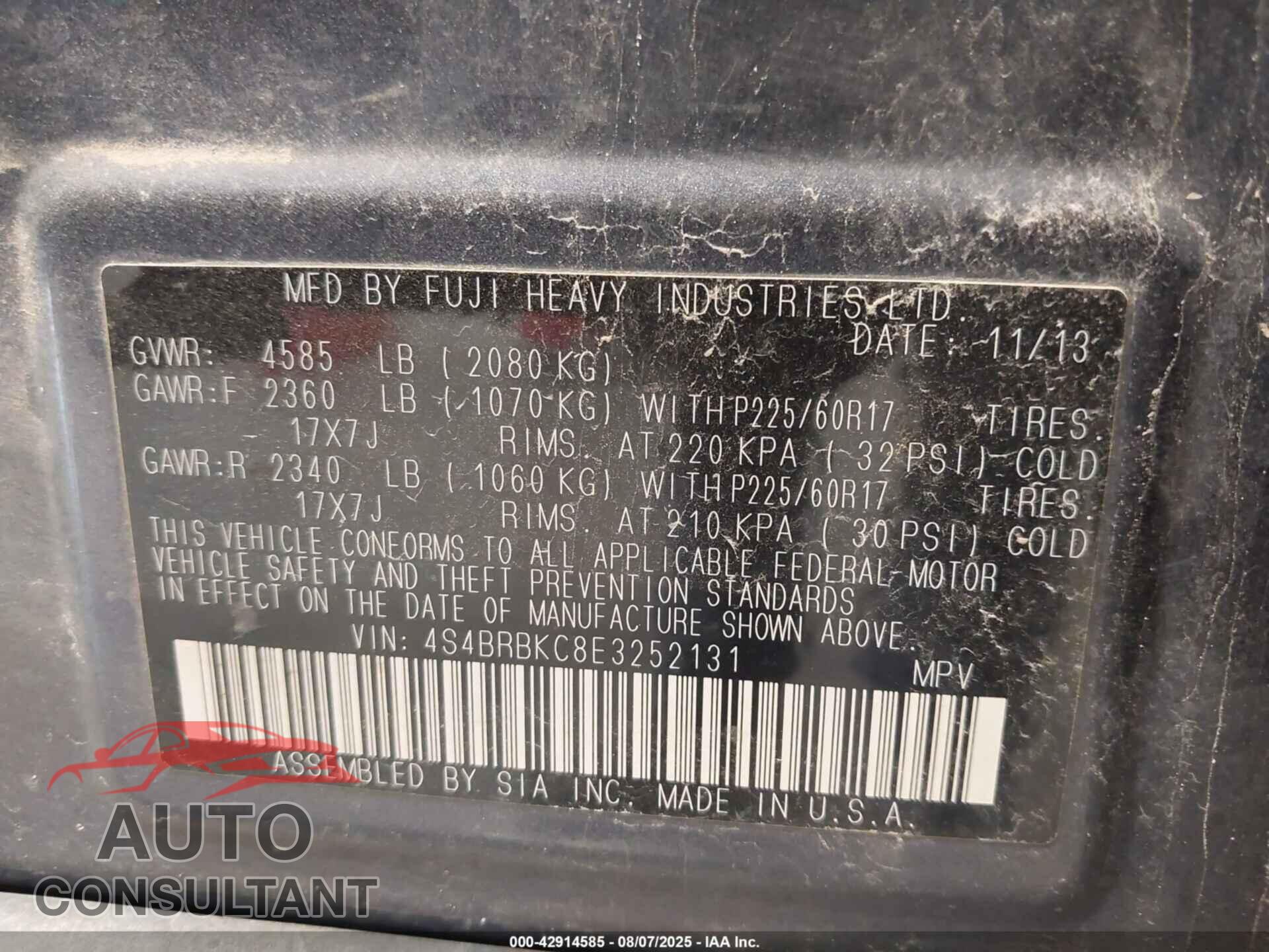 SUBARU OUTBACK 2014 - 4S4BRBKC8E3252131