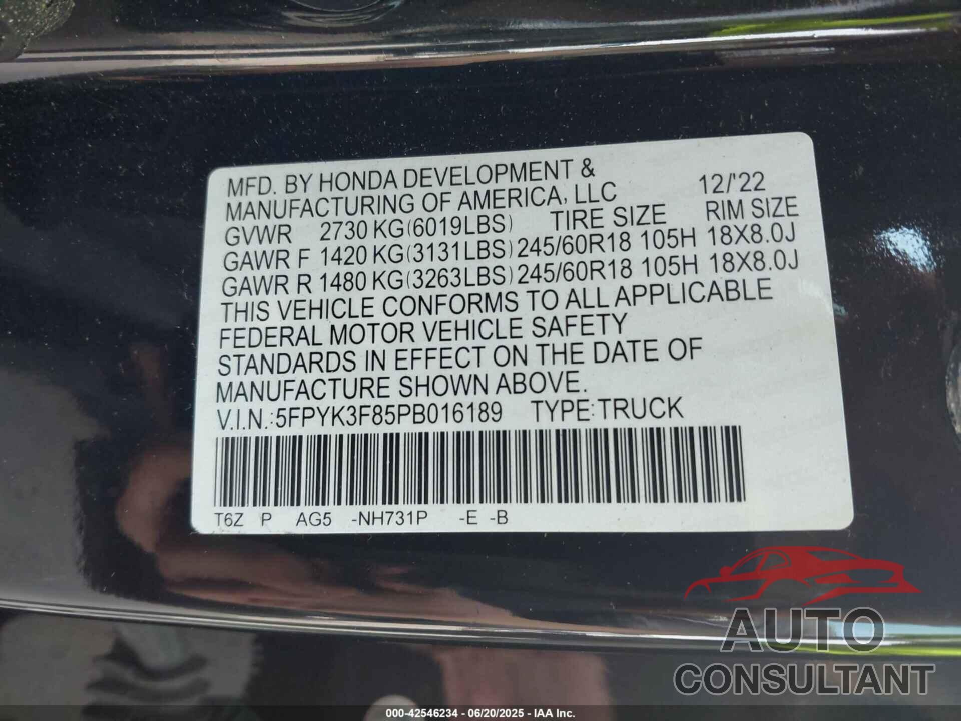 HONDA RIDGELINE 2023 - 5FPYK3F85PB016189