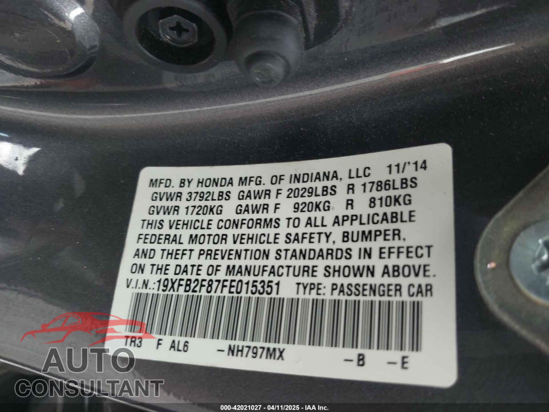 HONDA CIVIC 2015 - 19XFB2F87FE015351