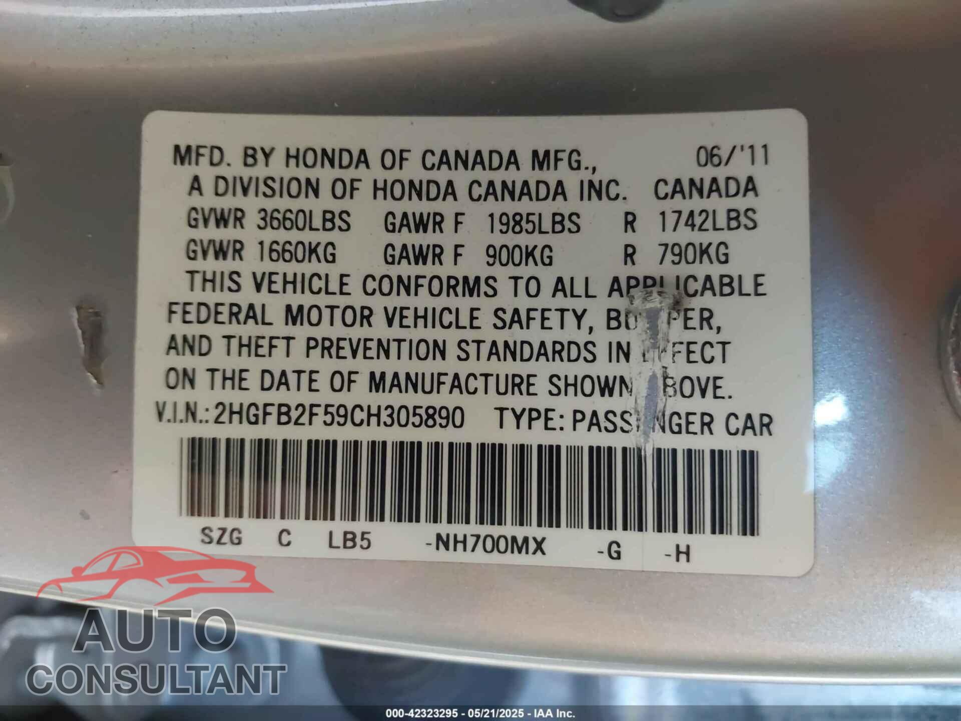 HONDA CIVIC 2012 - 2HGFB2F59CH305890