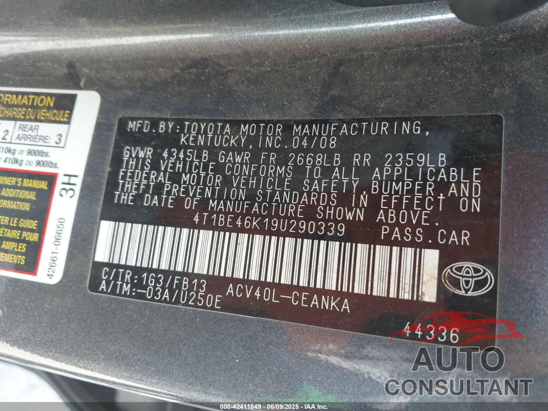 TOYOTA CAMRY 2009 - 4T1BE46K19U290339