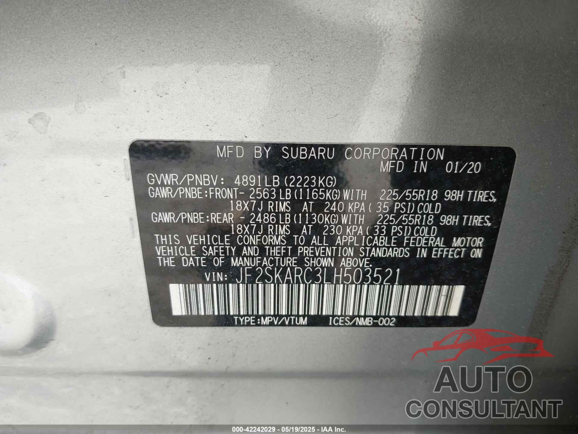 SUBARU FORESTER 2020 - JF2SKARC3LH503521