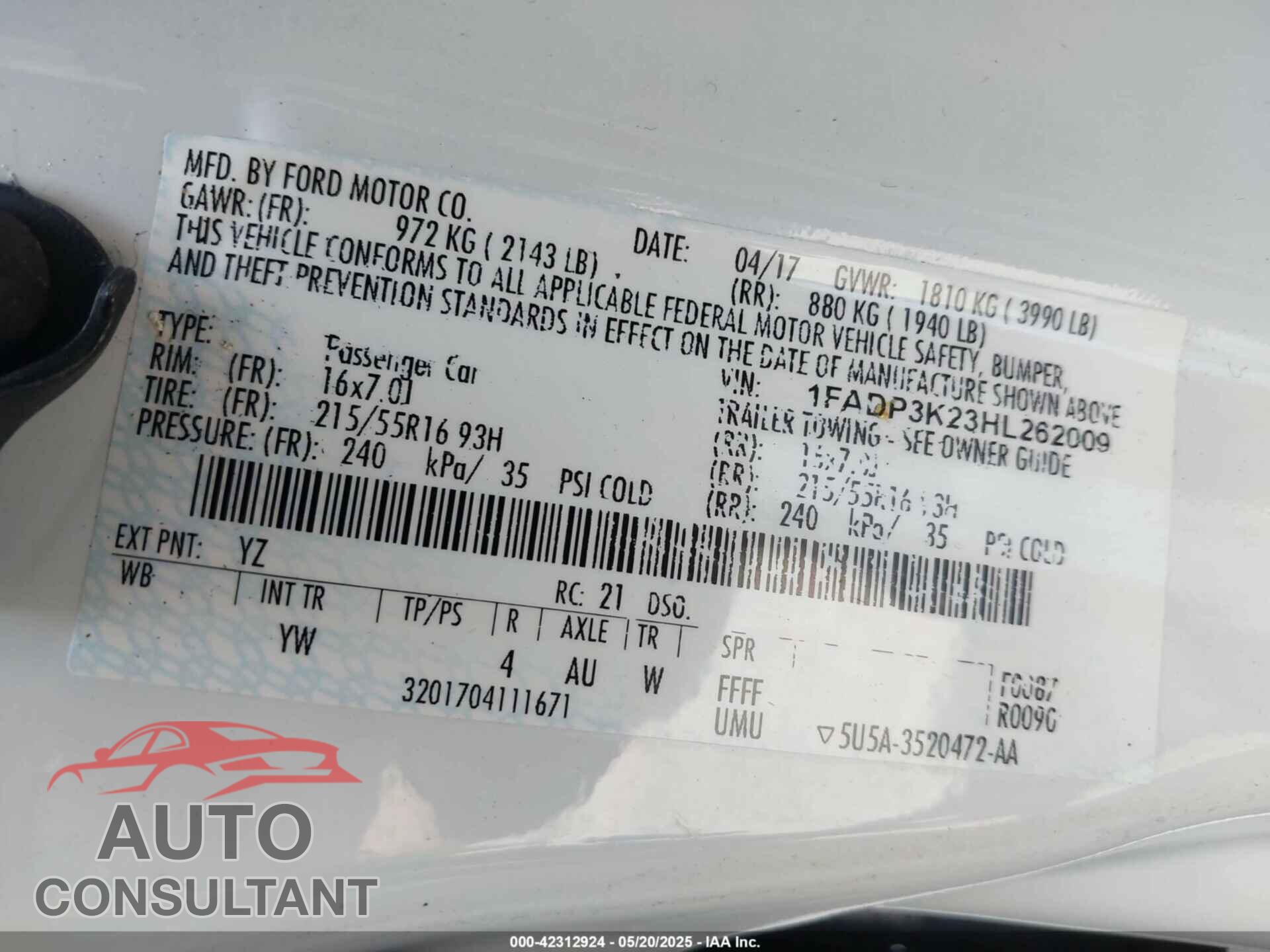 FORD FOCUS 2017 - 1FADP3K23HL262009