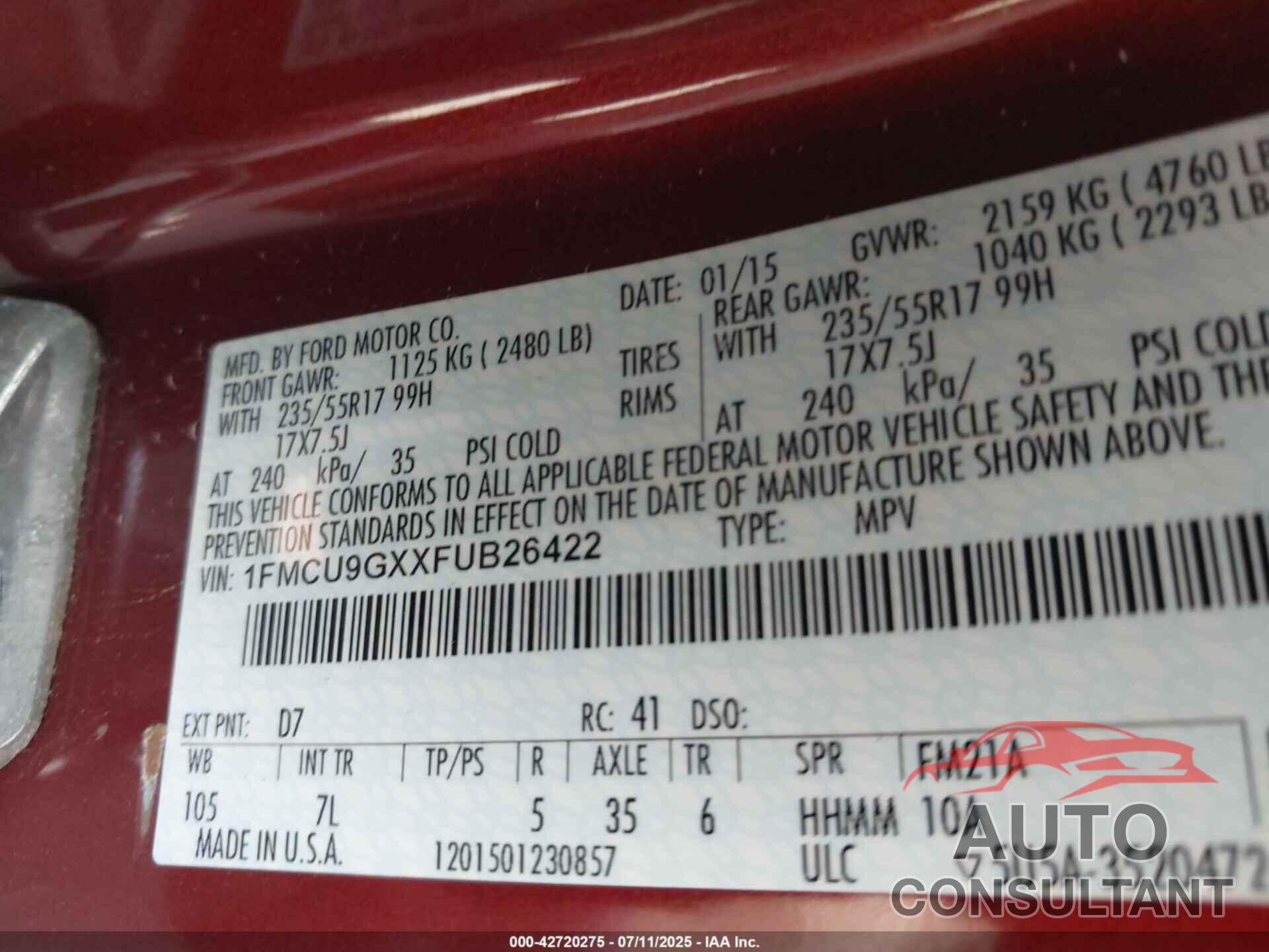 FORD ESCAPE 2015 - 1FMCU9GXXFUB26422