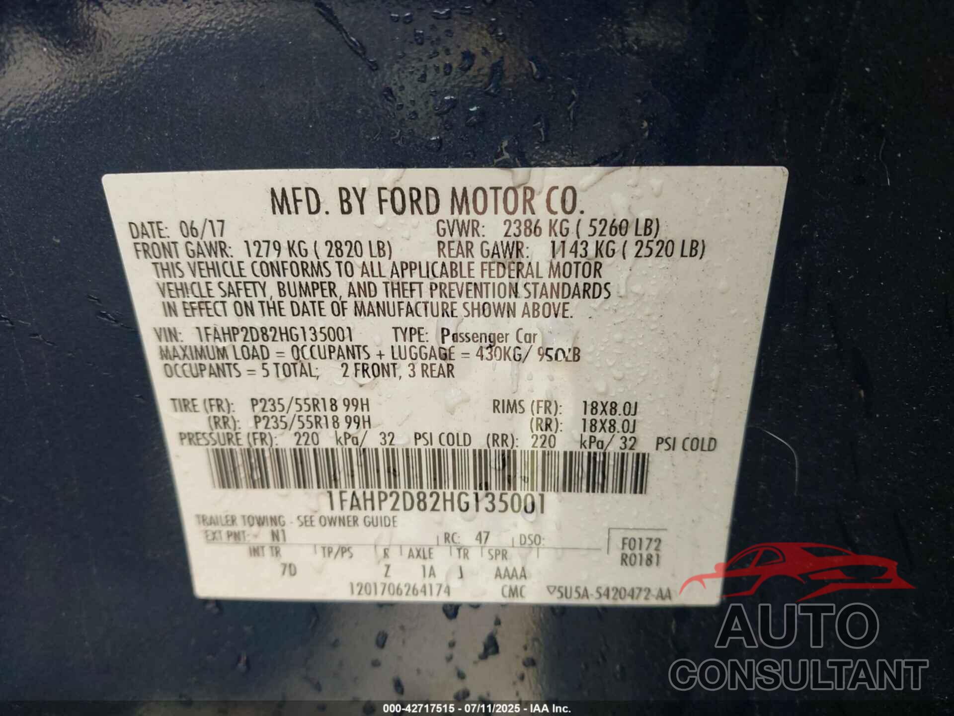 FORD TAURUS 2017 - 1FAHP2D82HG135001