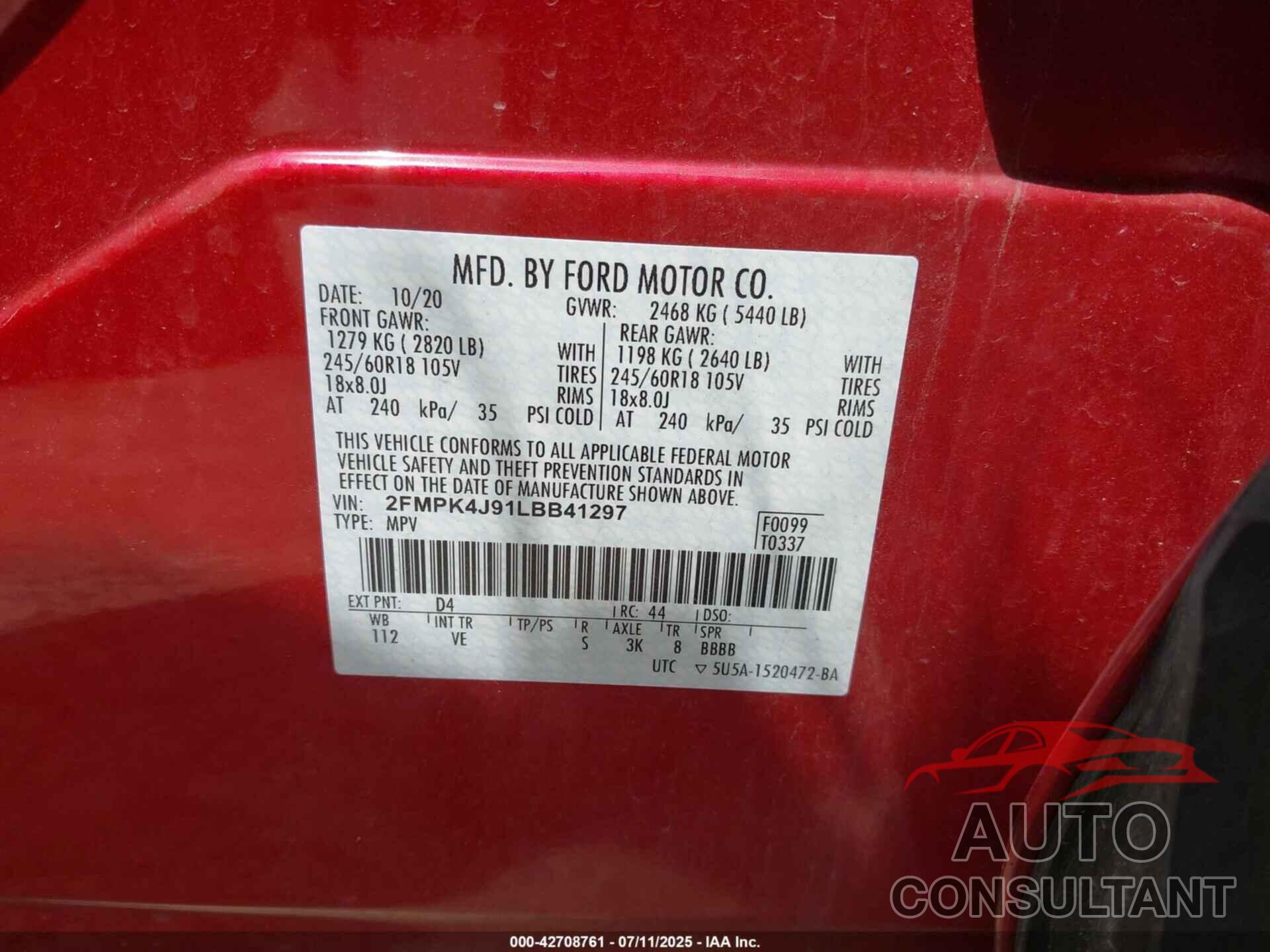 FORD EDGE 2020 - 2FMPK4J91LBB41297