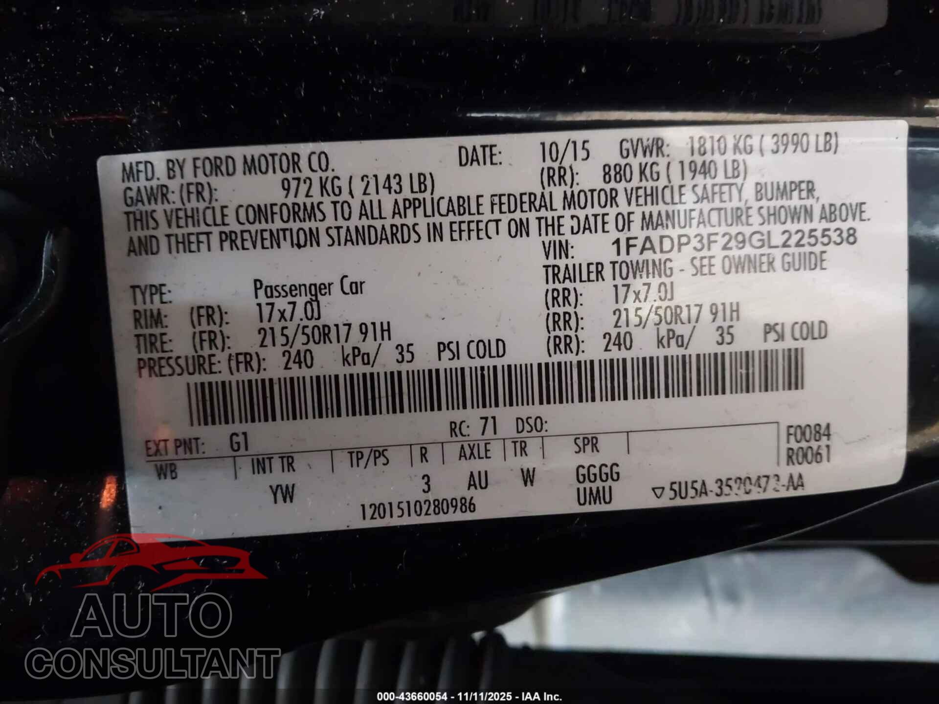FORD FOCUS 2016 - 1FADP3F29GL225538