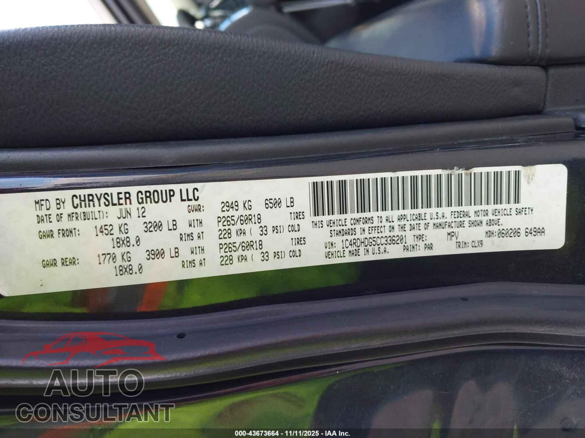 DODGE DURANGO 2012 - 1C4RDHDG5CC336201