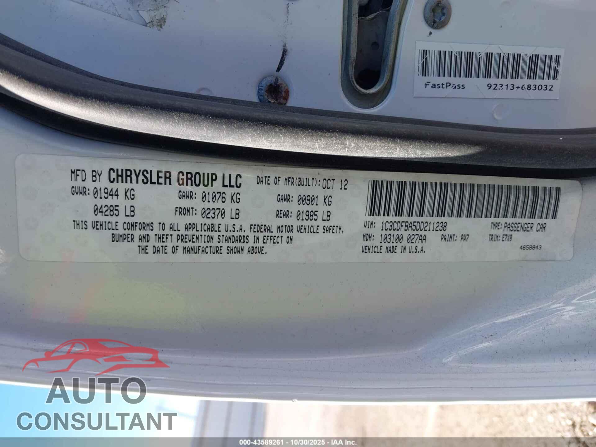 DODGE DART 2013 - 1C3CDFBA5DD211238