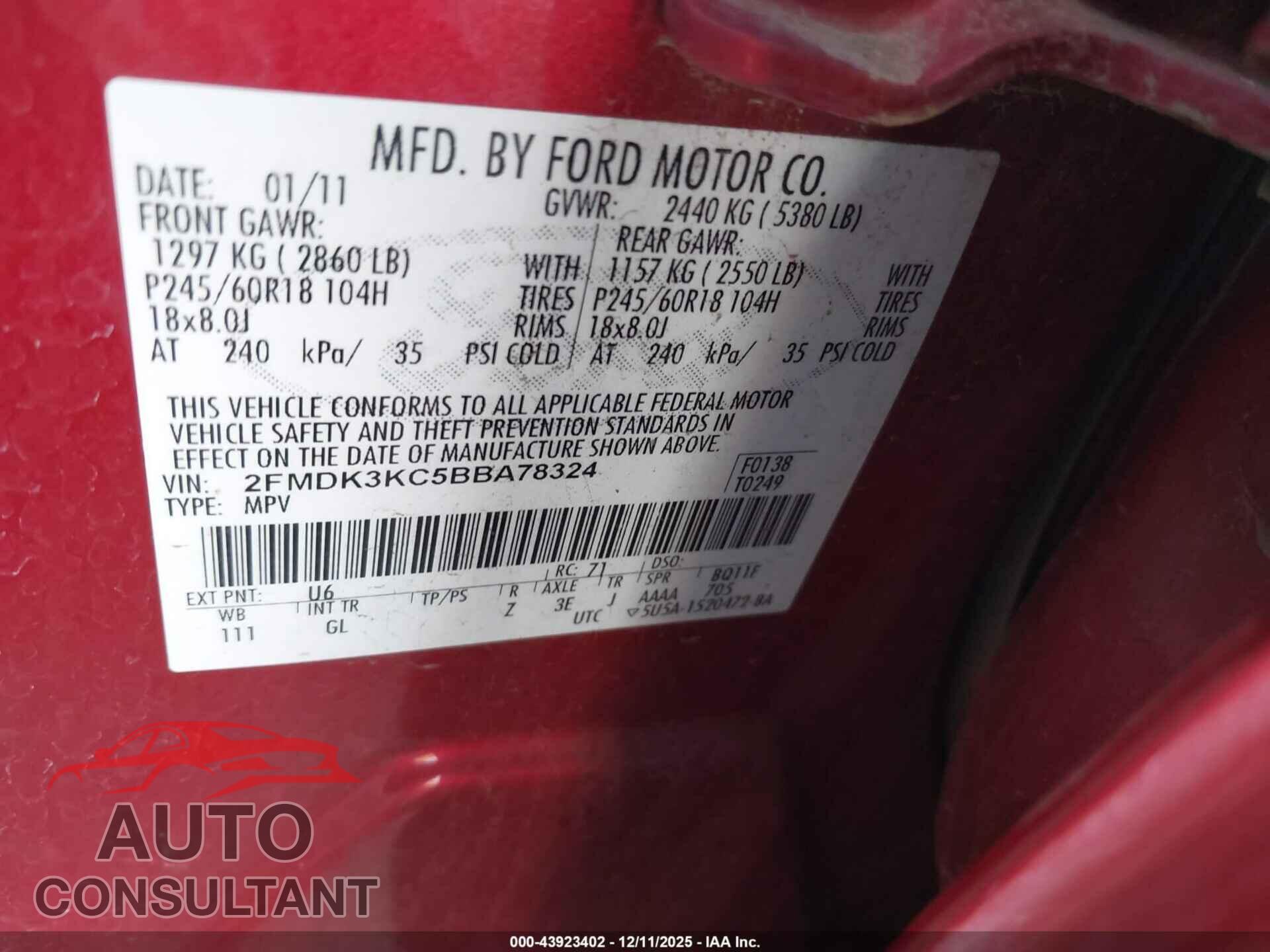 FORD EDGE 2011 - 2FMDK3KC5BBA78324