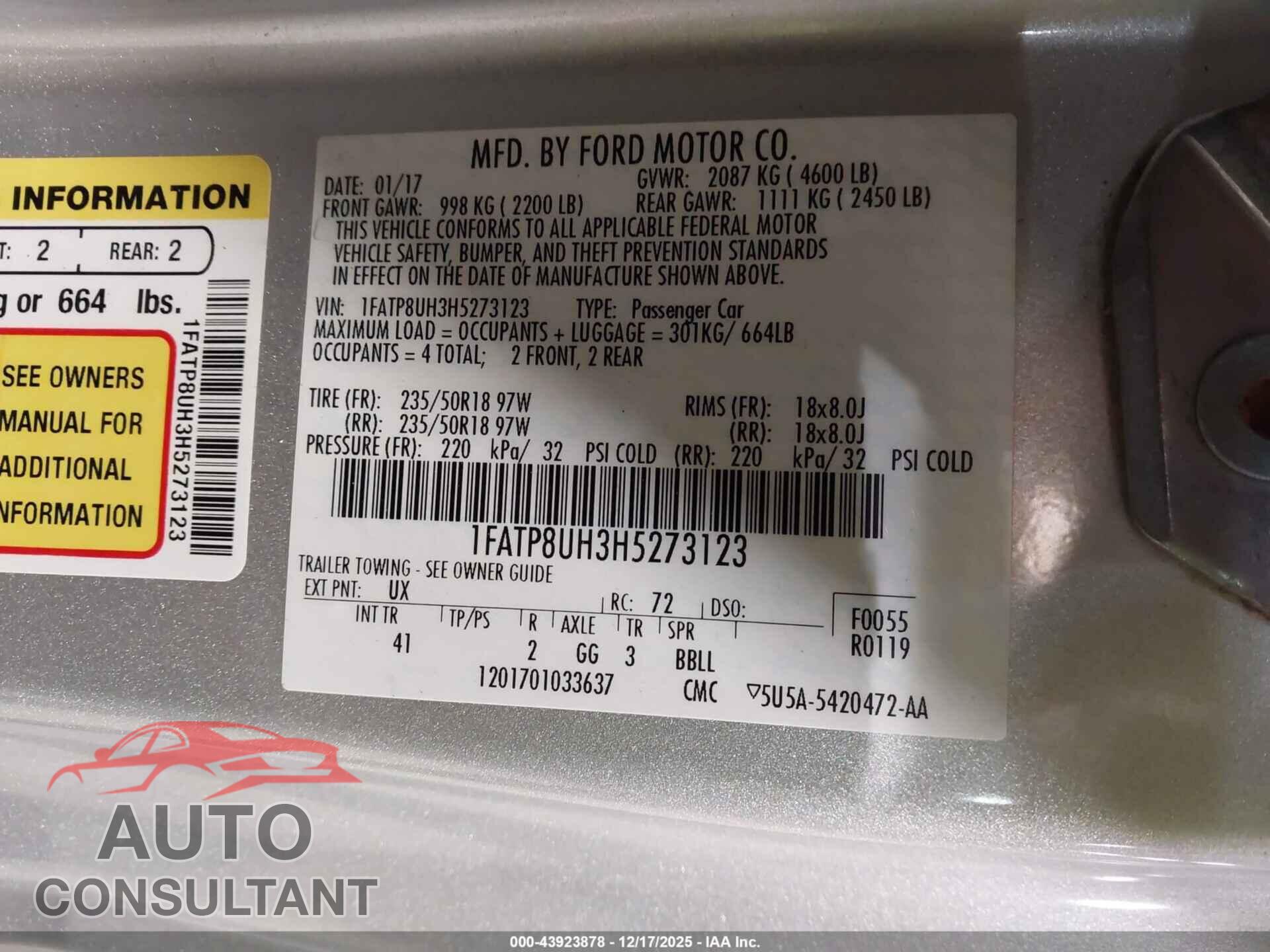 FORD MUSTANG 2017 - 1FATP8UH3H5273123