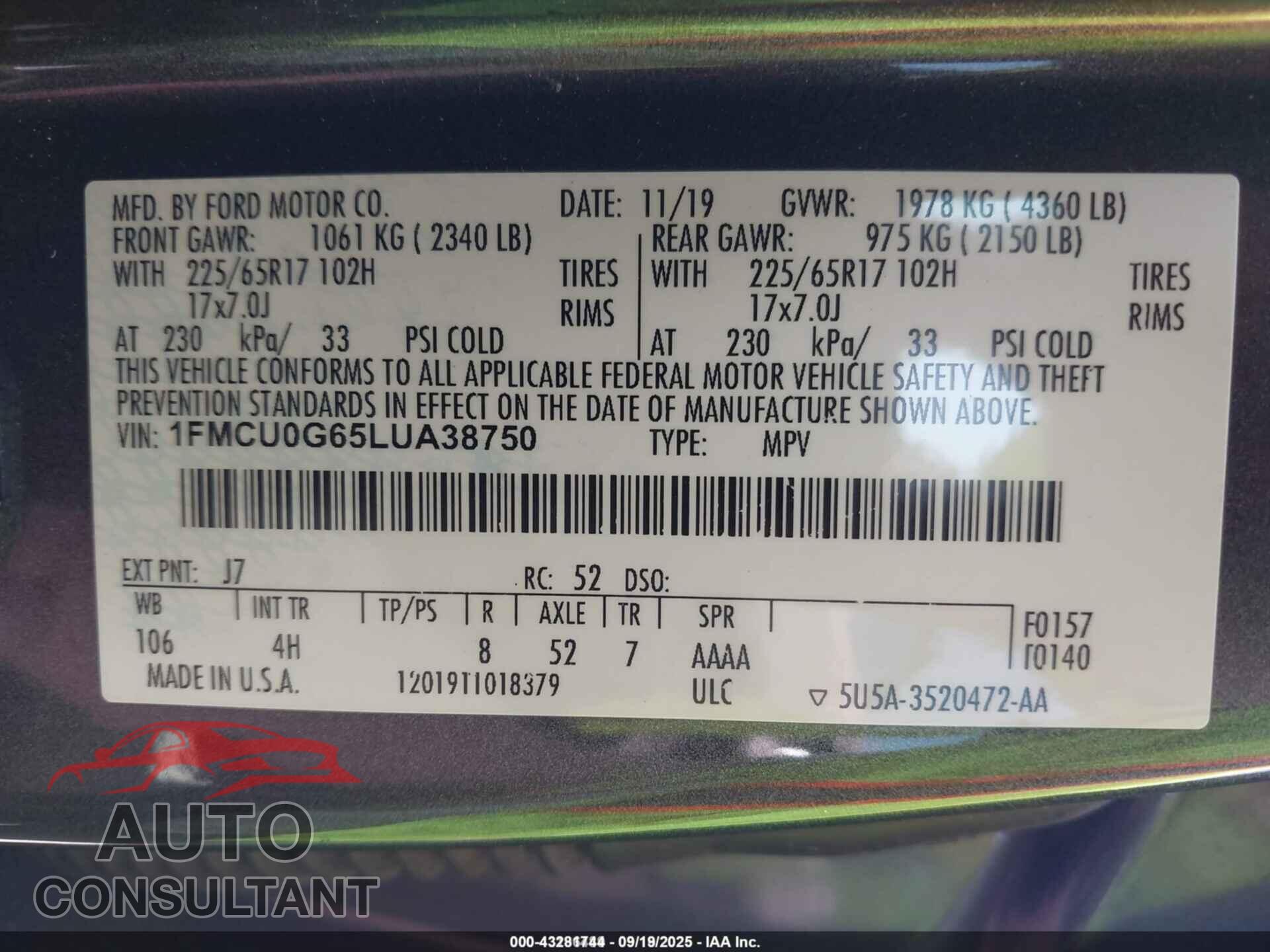 FORD ESCAPE 2020 - 1FMCU0G65LUA38750