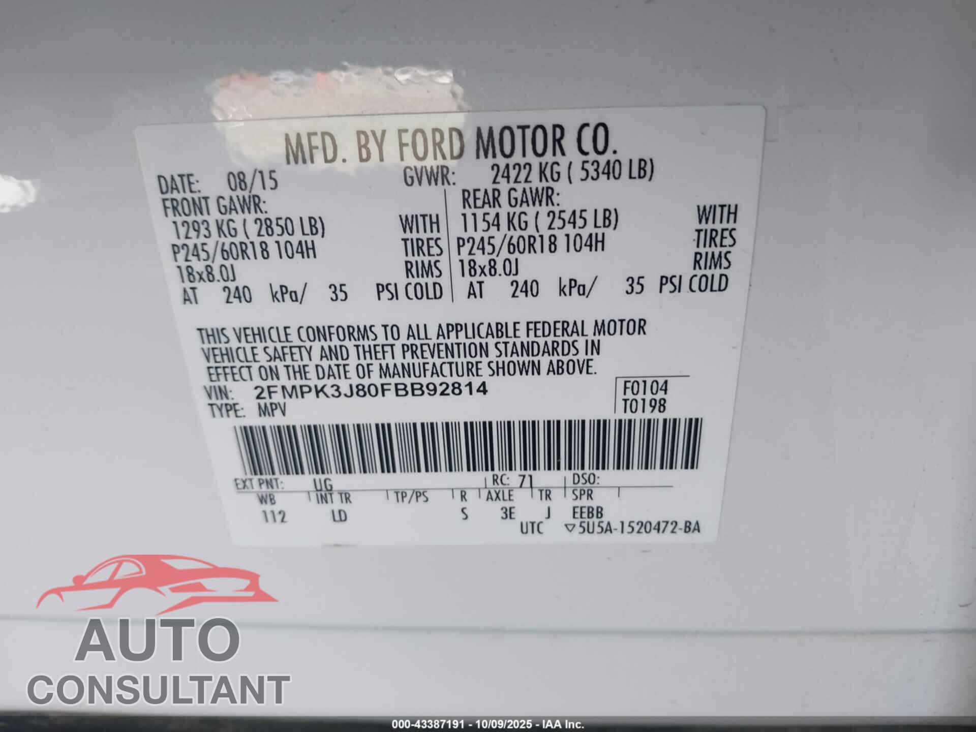 FORD EDGE 2015 - 2FMPK3J80FBB92814