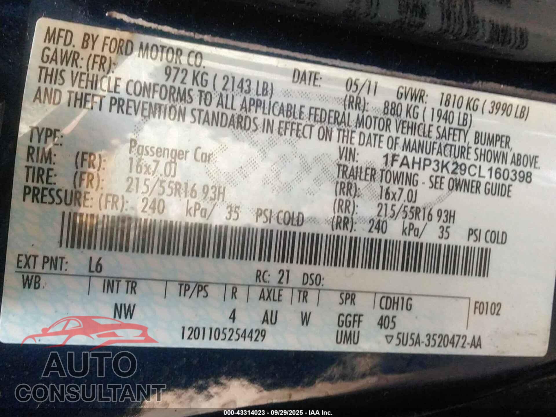 FORD FOCUS 2012 - 1FAHP3K29CL160398