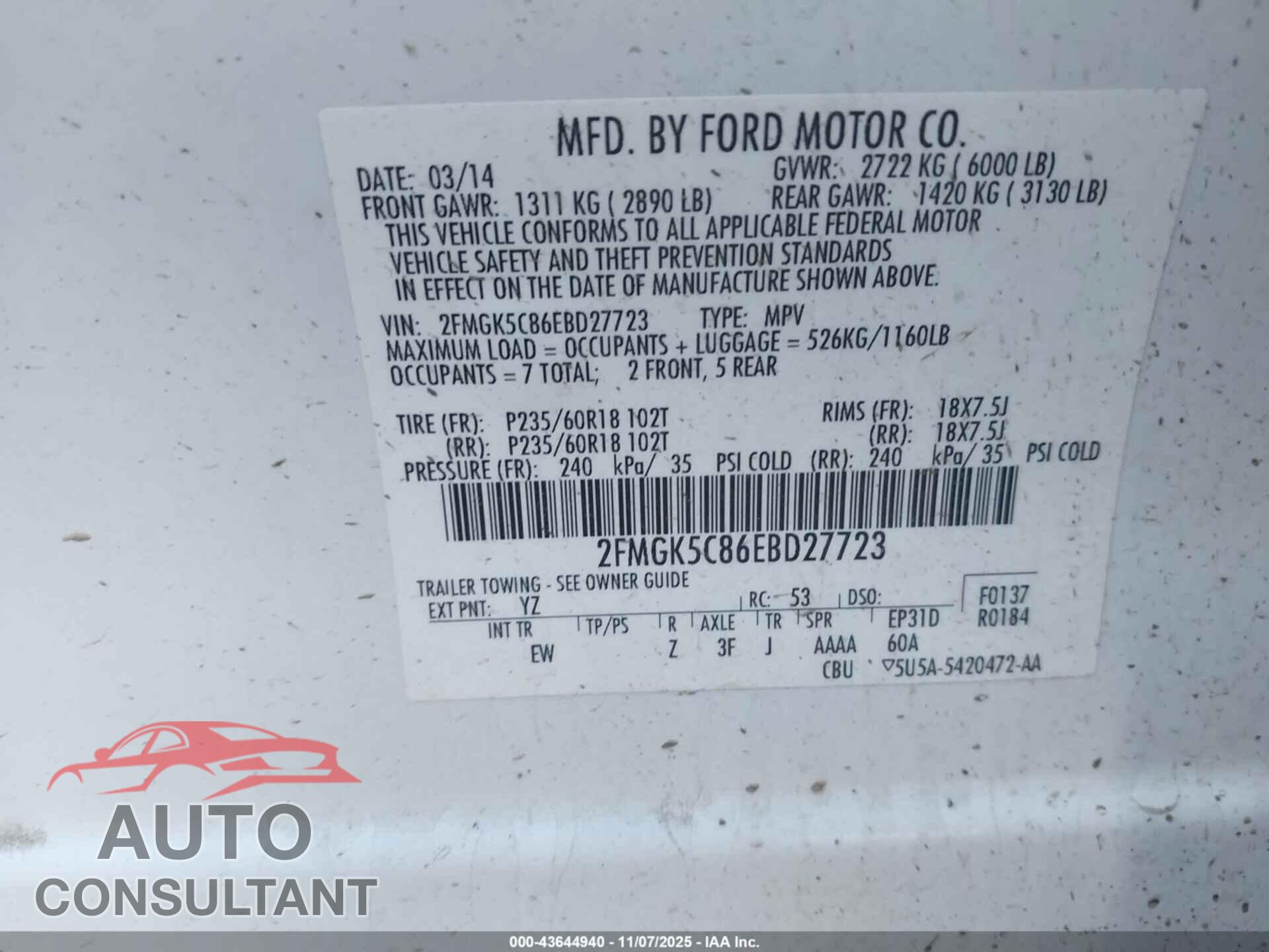 FORD FLEX 2014 - 2FMGK5C86EBD27723