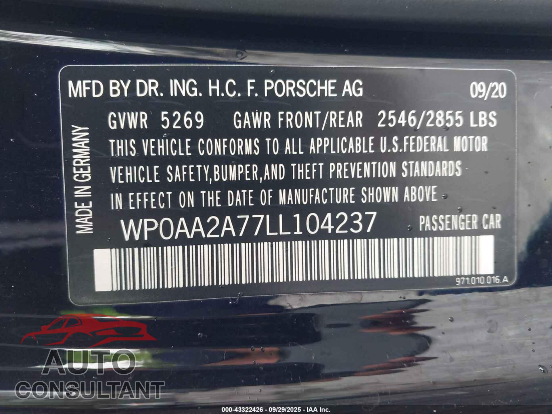 PORSCHE PANAMERA 2020 - WP0AA2A77LL104237